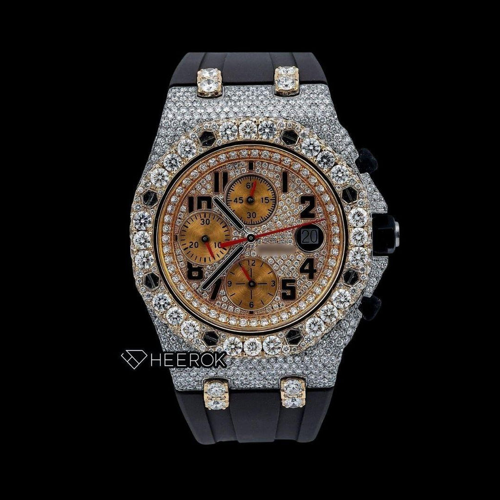 AP Royal Oak Offshore Chronograph Diamond Dial Black Standard Numerals Large Round Diamond Bezel Black Rubber Strap Semi Iced Out Moissanite Watch
