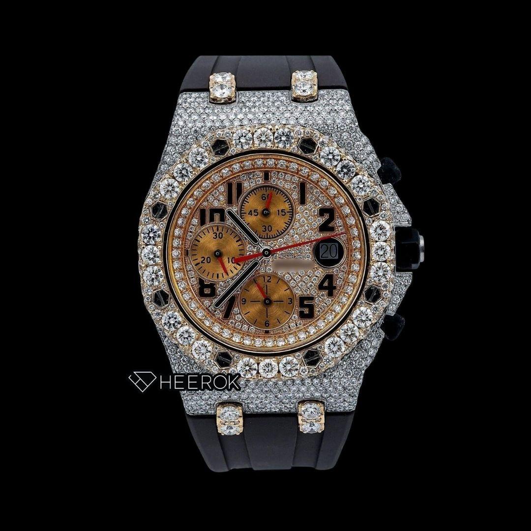 AP Royal Oak Offshore Chronograph Diamond Dial Black Standard Numerals Large Round Diamond Bezel Black Rubber Strap Semi Iced Out Moissanite Watch