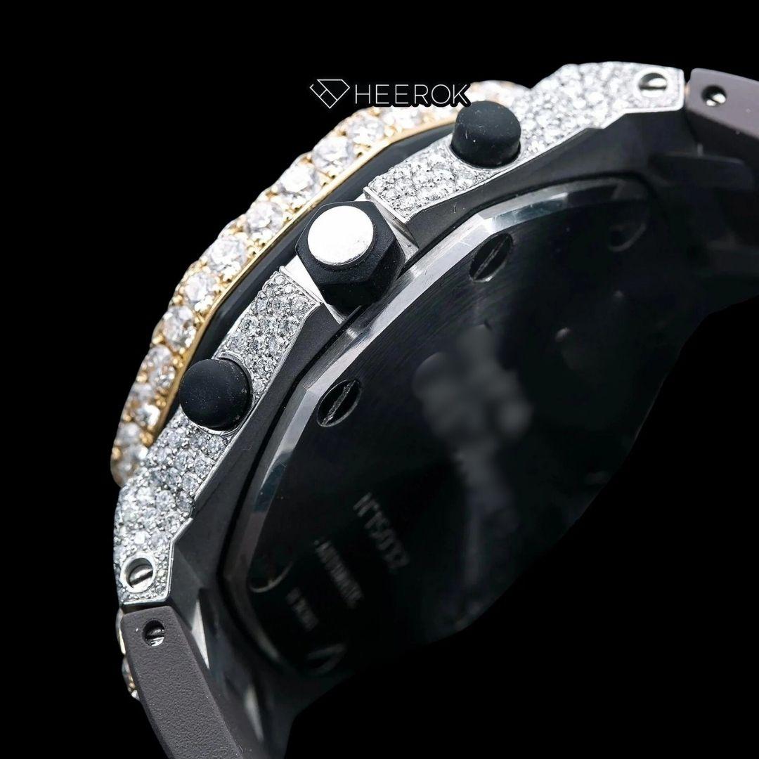 AP Royal Oak Offshore Chronograph Diamond Dial Black Standard Numerals Large Round Diamond Bezel Black Rubber Strap Semi Iced Out Moissanite Watch