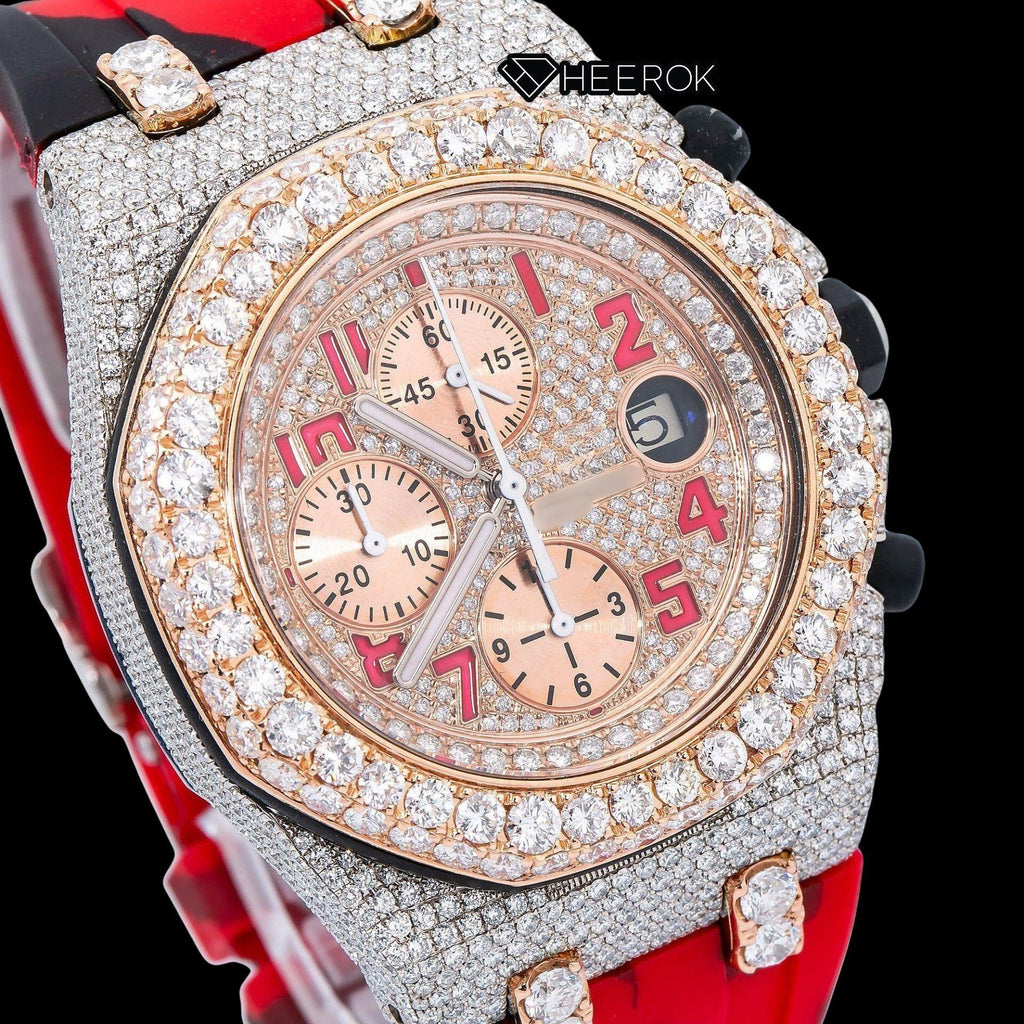 AP Royal Oak Offshore Chronograph Diamond Dial Standard Numerals Large Round Diamond Rose Gold Bezel Red Black Camouflage Rubber Strap Semi Iced Out Moissanite Watch