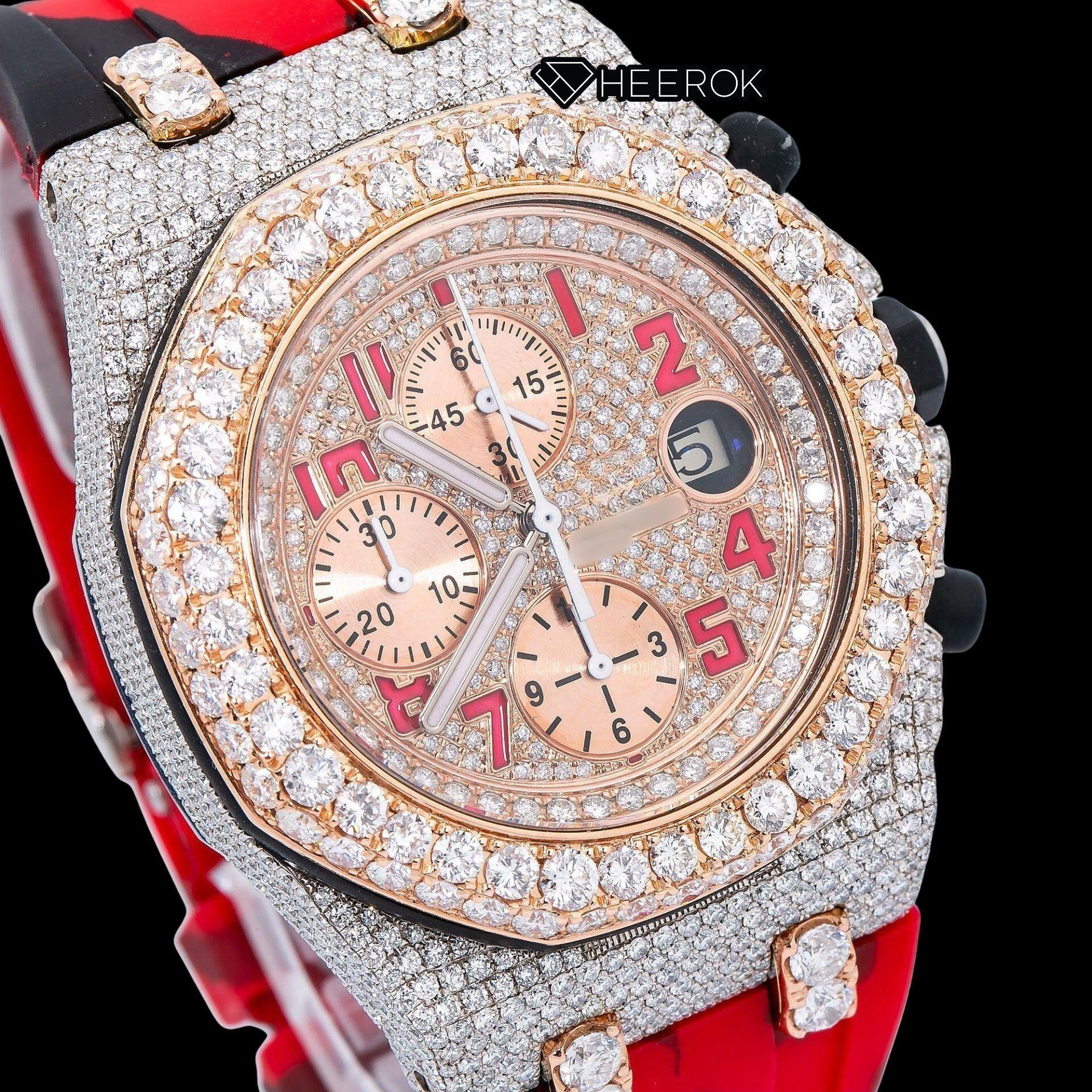 AP Royal Oak Offshore Chronograph Diamond Dial Standard Numerals Large Round Diamond Rose Gold Bezel Red Black Camouflage Rubber Strap Semi Iced Out Moissanite Watch