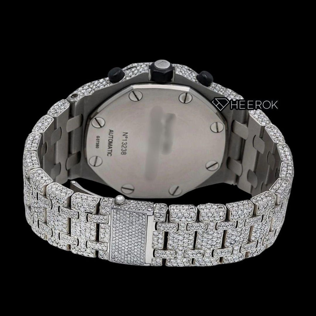 AP Royal Oak Offshore Chronograph Full Pave Diamond Dial Black Standard Numerals Diamond Bezel Fully Iced Out Moissanite Watch