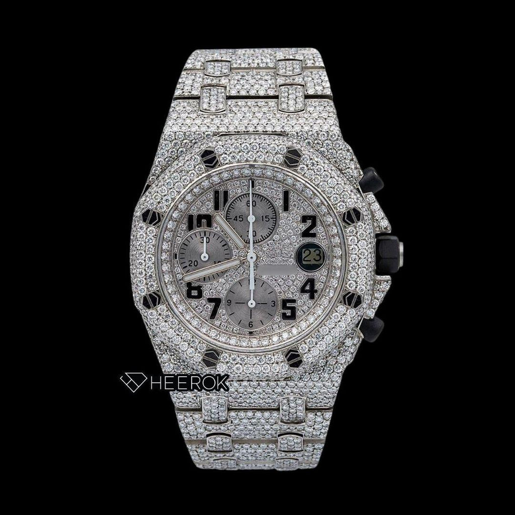 AP Royal Oak Offshore Chronograph Full Pave Diamond Dial Black Standard Numerals Diamond Bezel Fully Iced Out Moissanite Watch