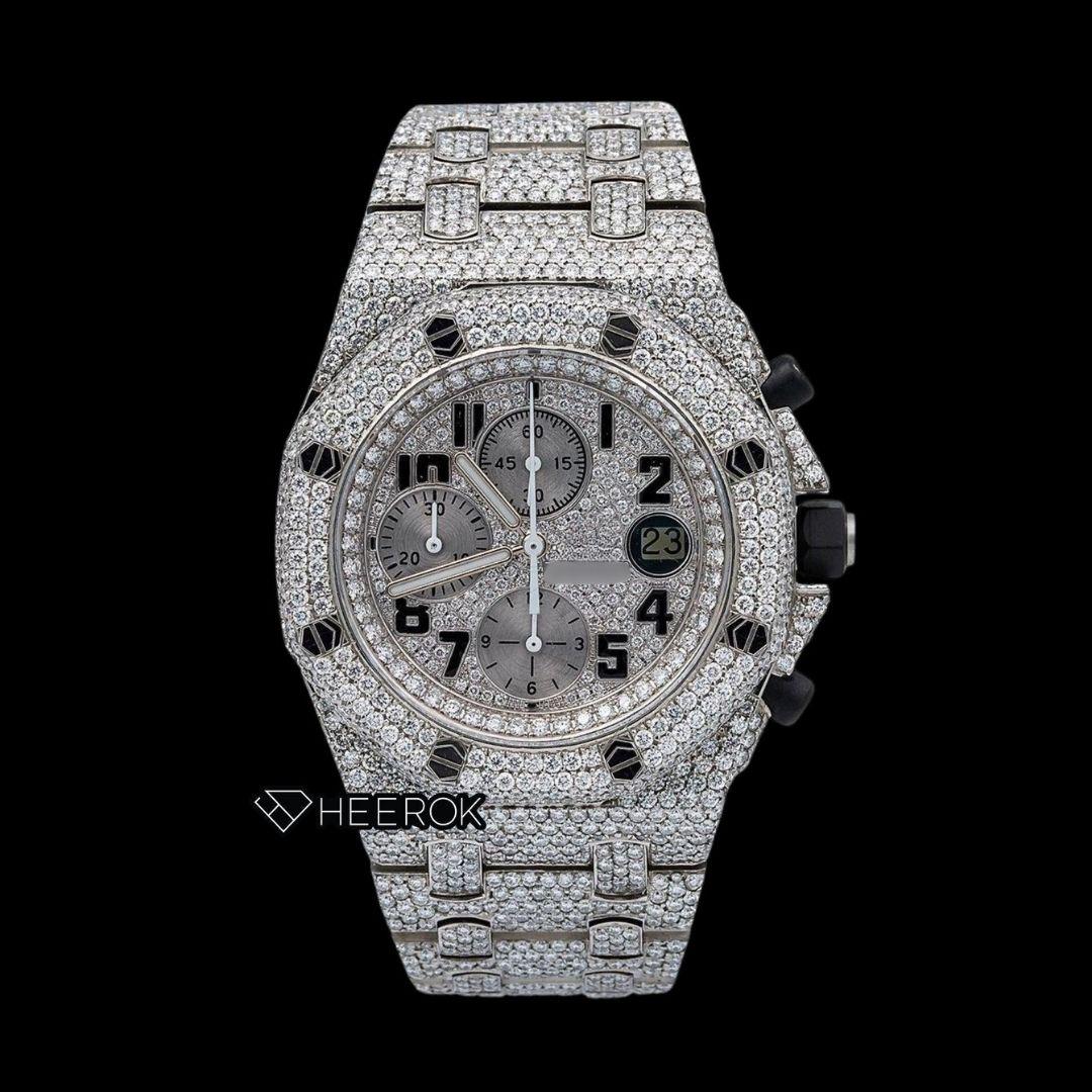 AP Royal Oak Offshore Chronograph Full Pave Diamond Dial Black Standard Numerals Diamond Bezel Fully Iced Out Moissanite Watch