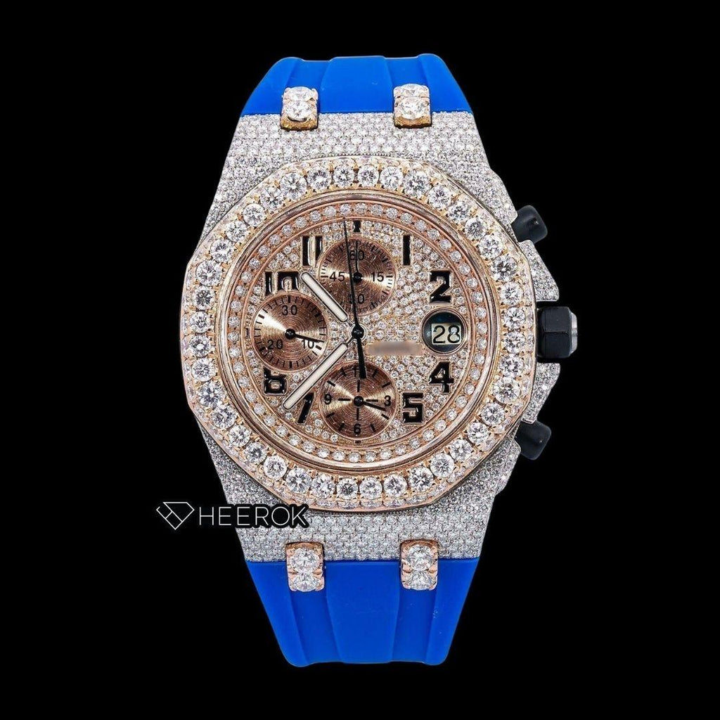 AP Royal Oak Offshore Chronograph Pave Diamond Dial Black Standard Numerals Large Round Diamond Rose Gold Bezel Blue Rubber Strap Semi Iced Out Moissanite Watch