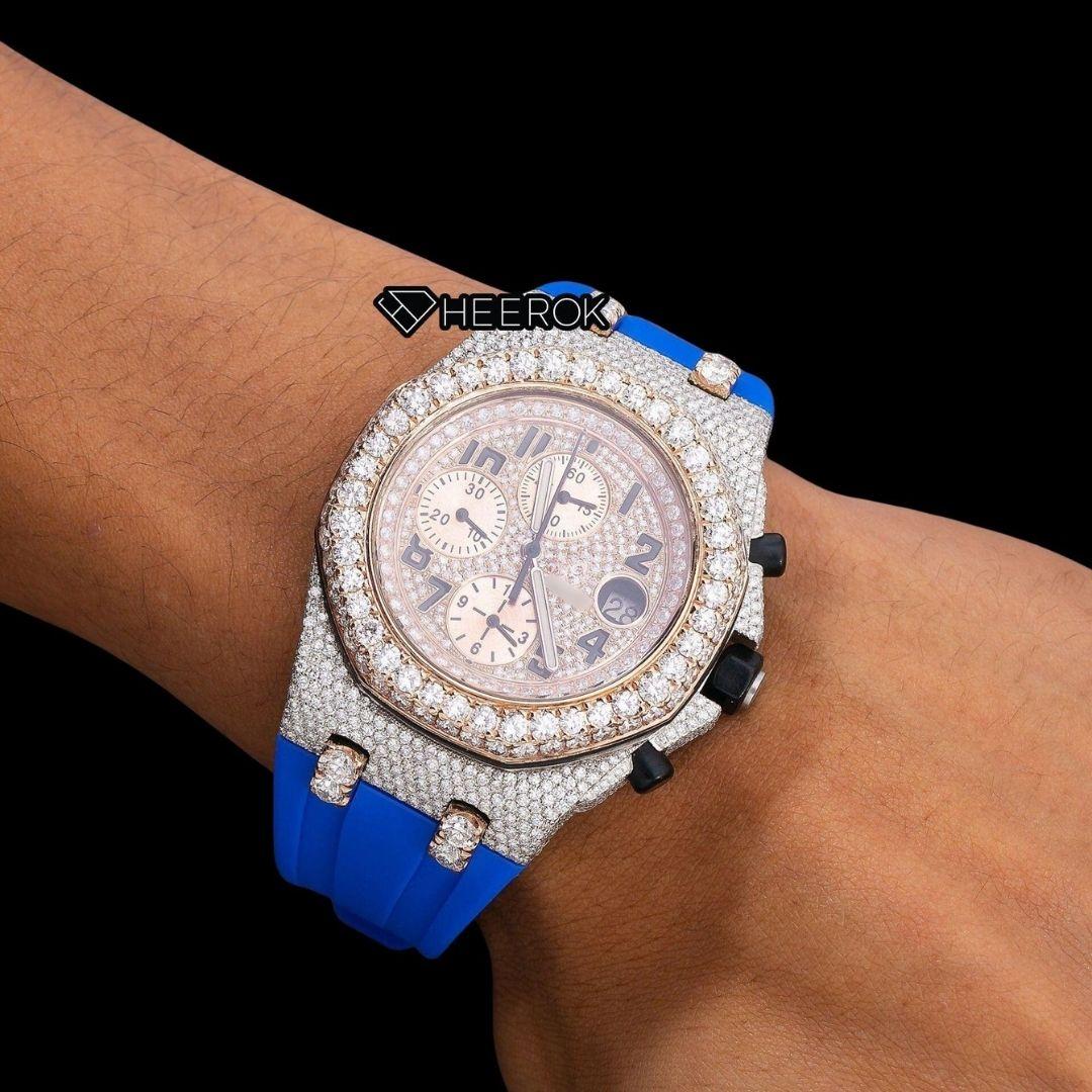AP Royal Oak Offshore Chronograph Pave Diamond Dial Black Standard Numerals Large Round Diamond Rose Gold Bezel Blue Rubber Strap Semi Iced Out Moissanite Watch