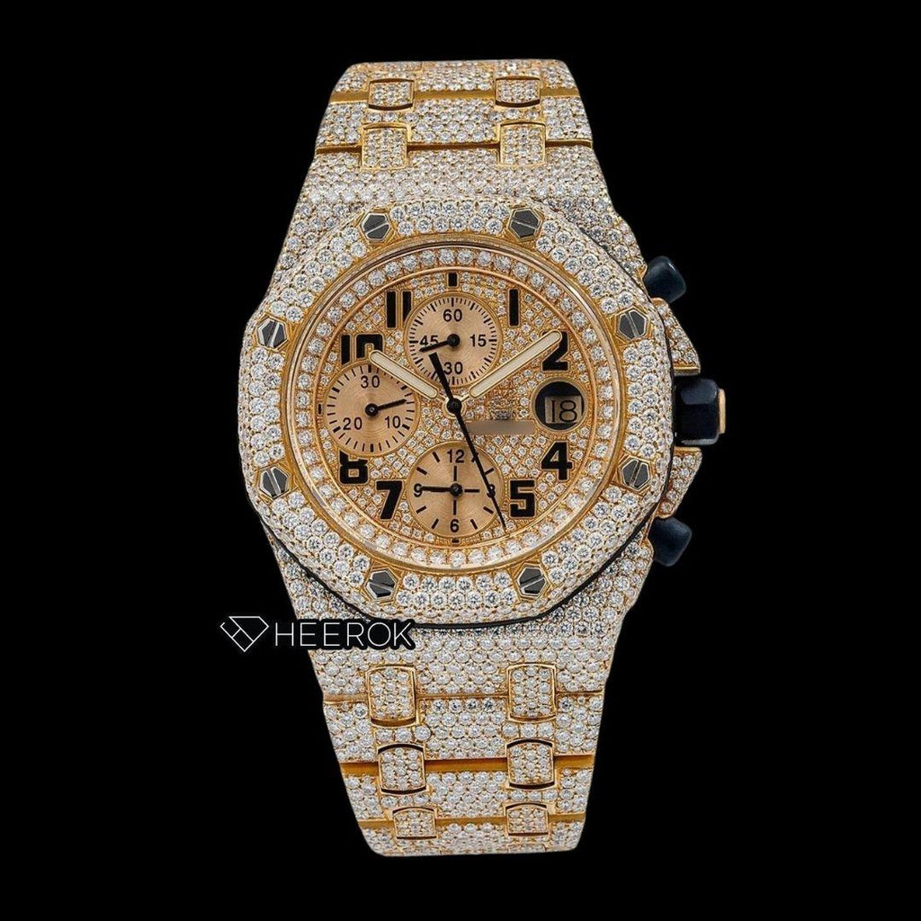 AP Royal Oak Offshore Chronograph Pave Diamond Dial Black Standard Numerals Yellow Gold Diamond Bezel Fully Iced Out Yellow Gold Moissanite Watch