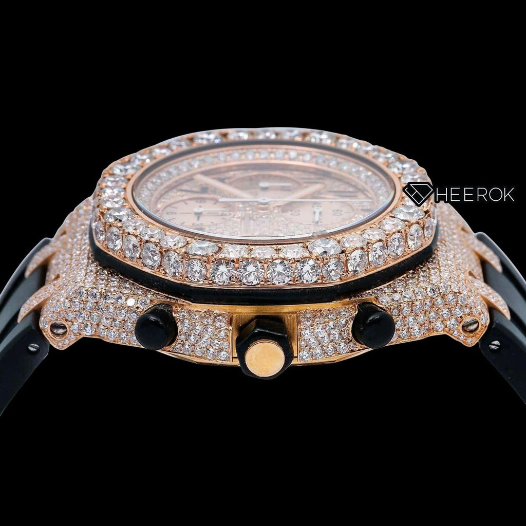 AP Royal Oak Offshore Chronograph  Rose Gold Dial Standard Numerals Diamond Bezel Black Rubber Strap Semi Iced Moissanite Diamond Watch