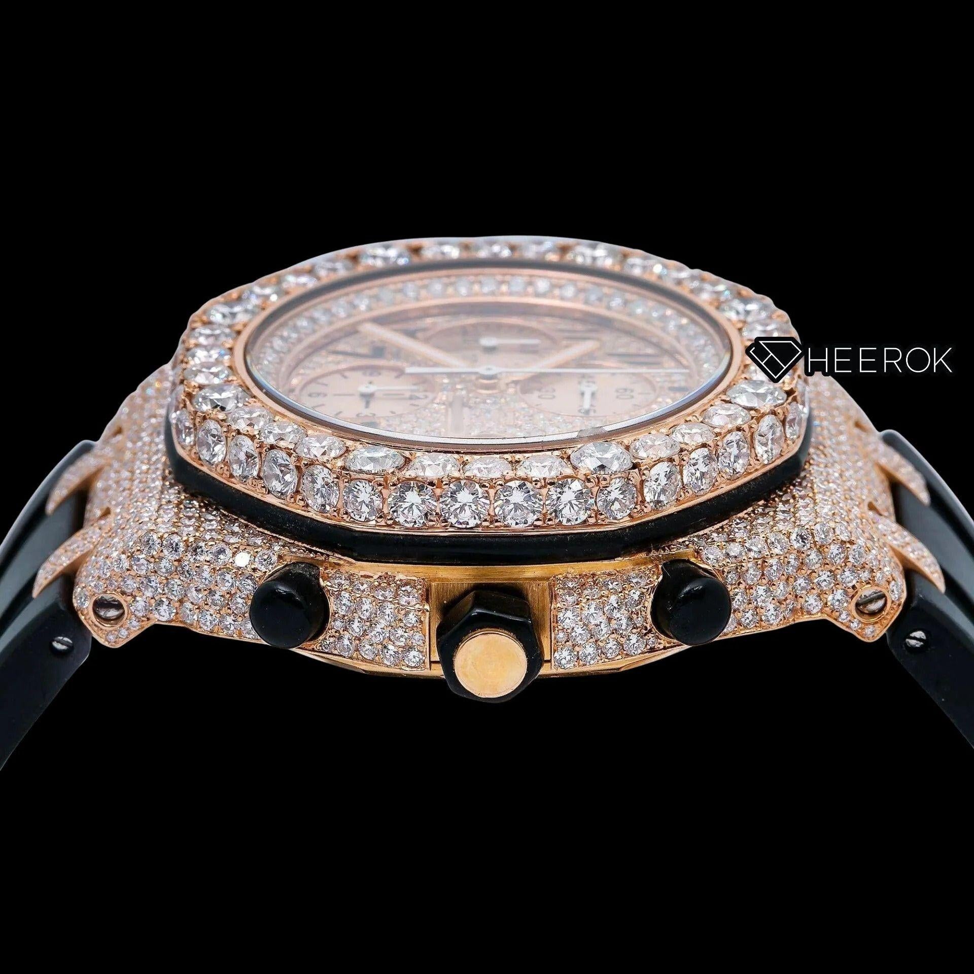 AP Royal Oak Offshore Chronograph  Rose Gold Dial Standard Numerals Diamond Bezel Black Rubber Strap Semi Iced Moissanite Diamond Watch