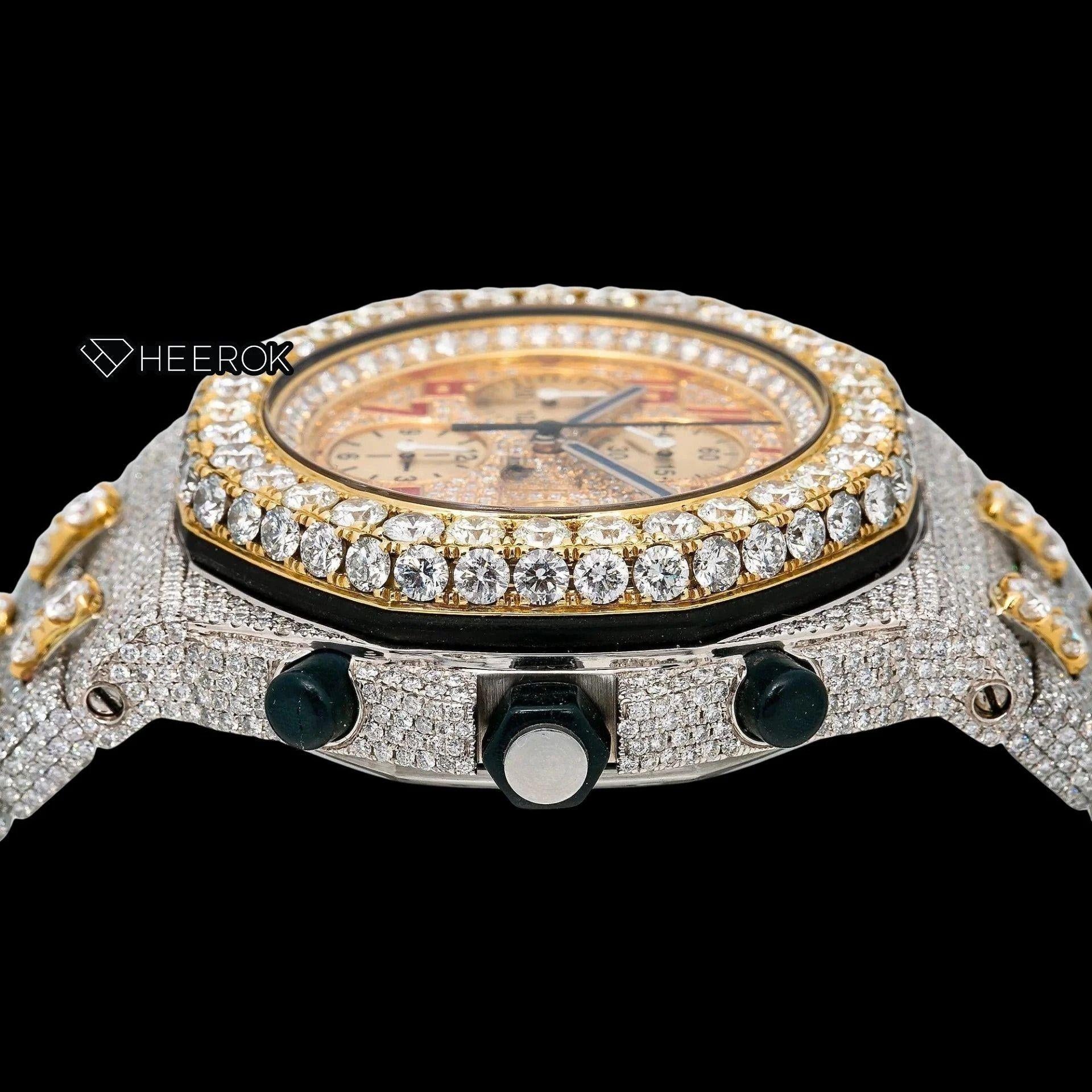 AP Royal Oak Offshore Chronograph Yellow Gold Dial Red Standard Numerals Large Round Diamond Bezel Two Tone Yellow Gold Fully Iced Moissanite Diamond Watch