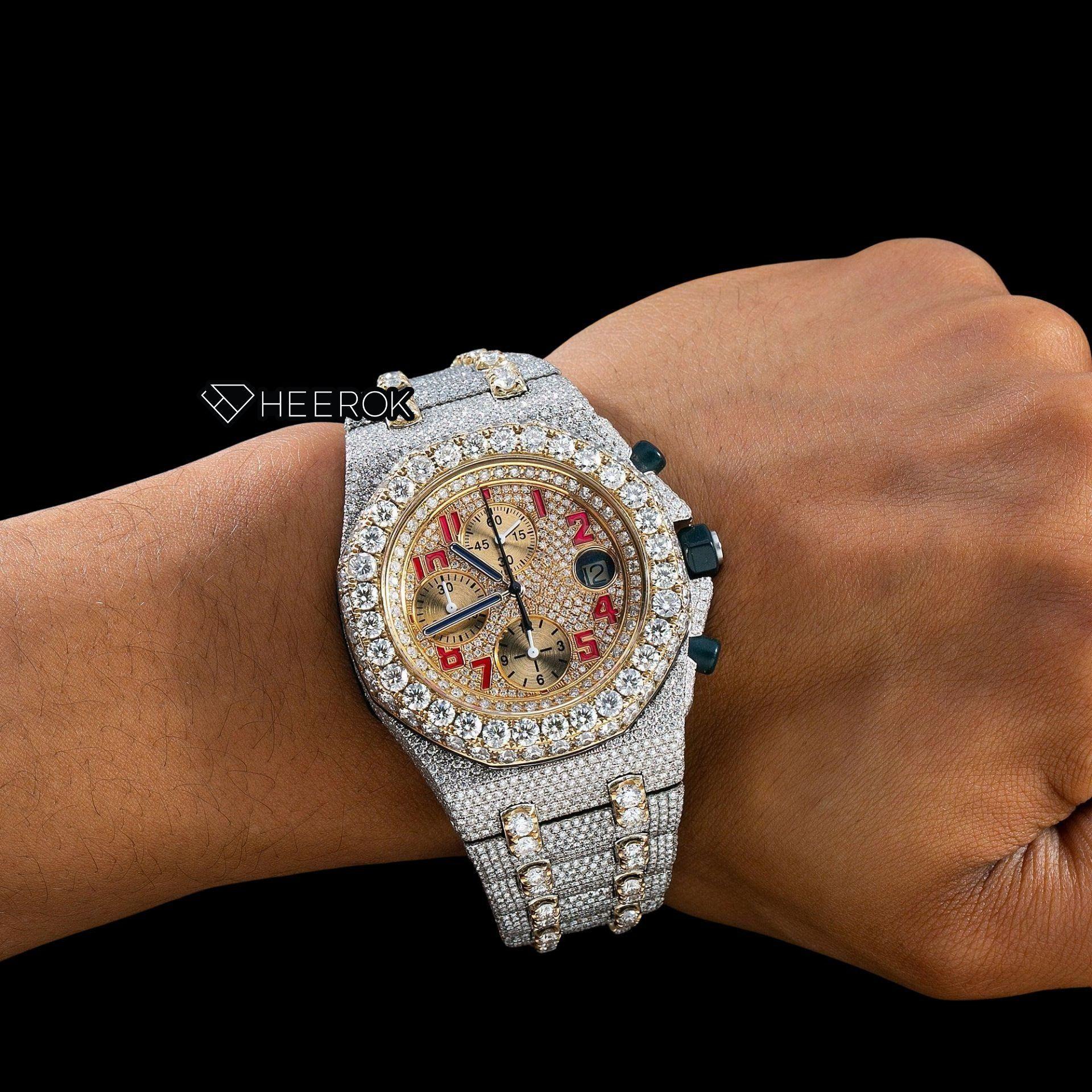 AP Royal Oak Offshore Chronograph Yellow Gold Dial Red Standard Numerals Large Round Diamond Bezel Two Tone Yellow Gold Fully Iced Moissanite Diamond Watch