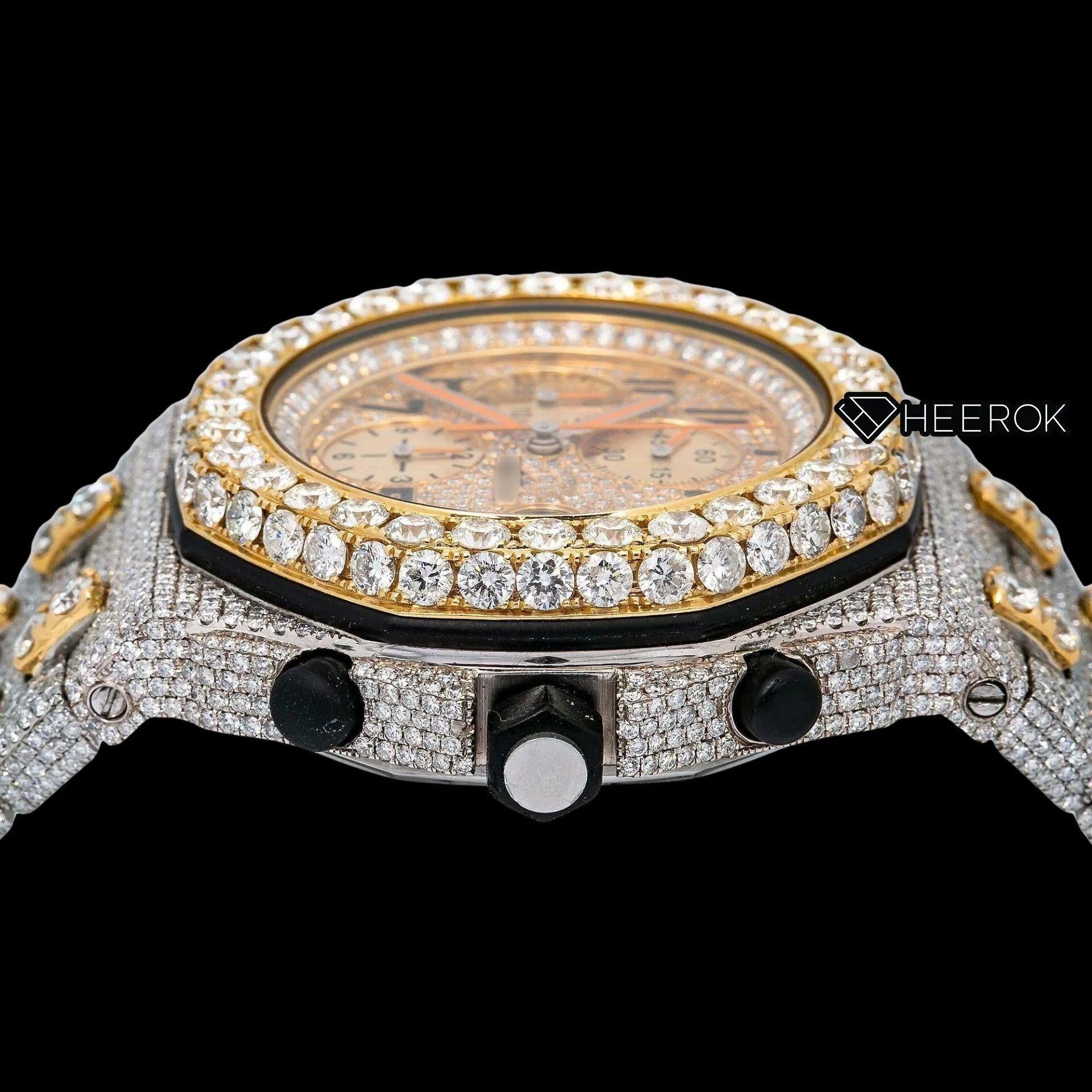 AP Royal Oak Offshore Chronograph Yellow Gold Dial Standard Numerals Large Round Diamond Bezel Two Tone Yellow Gold Moissanite Diamond Watch