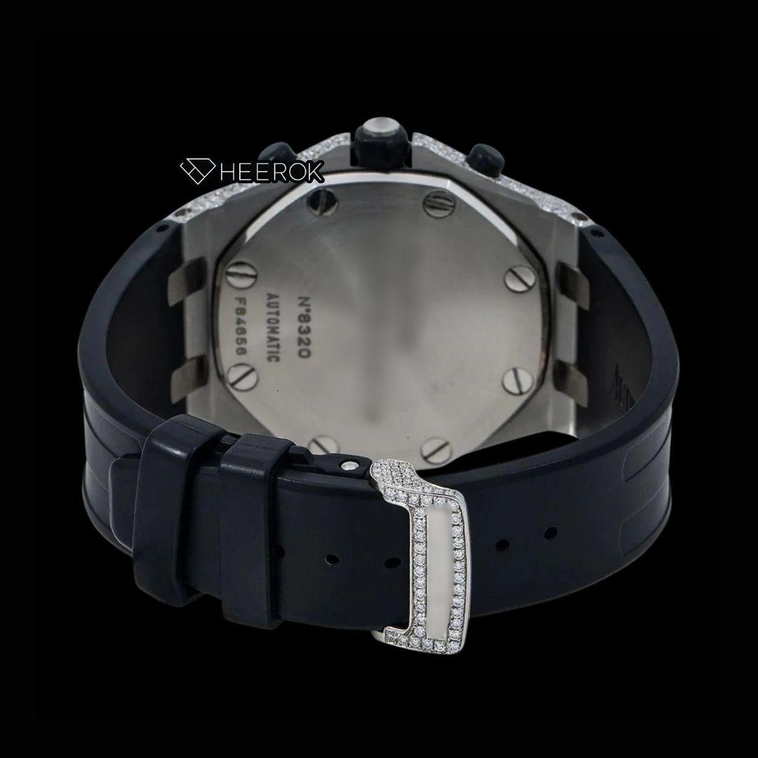 AP Royal Oak Offshore Standard Numerals Chronograph Black Dial Diamond Bezel Black Rubber Strap Semi Iced Out Moissanite Watch