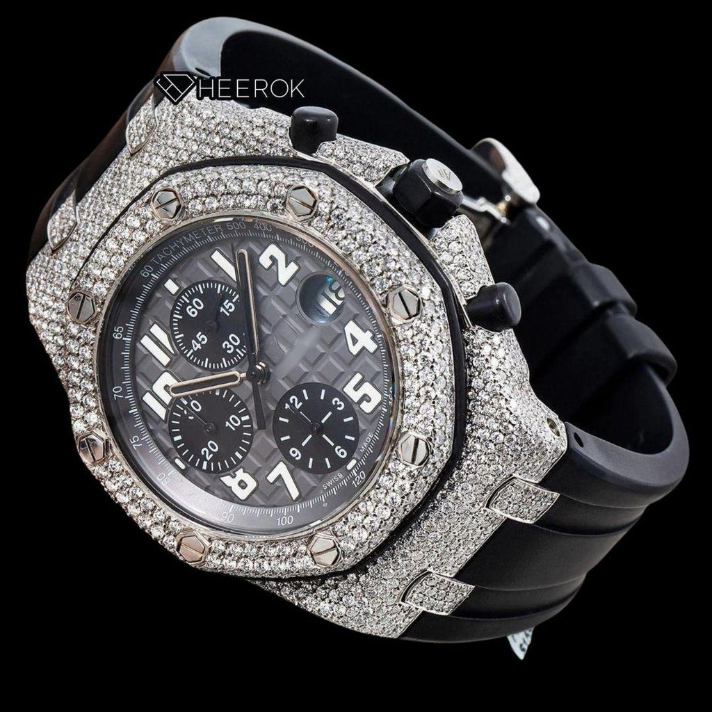 AP Royal Oak Offshore Standard Numerals Chronograph Black Dial Diamond Bezel Black Rubber Strap Semi Iced Out Moissanite Watch