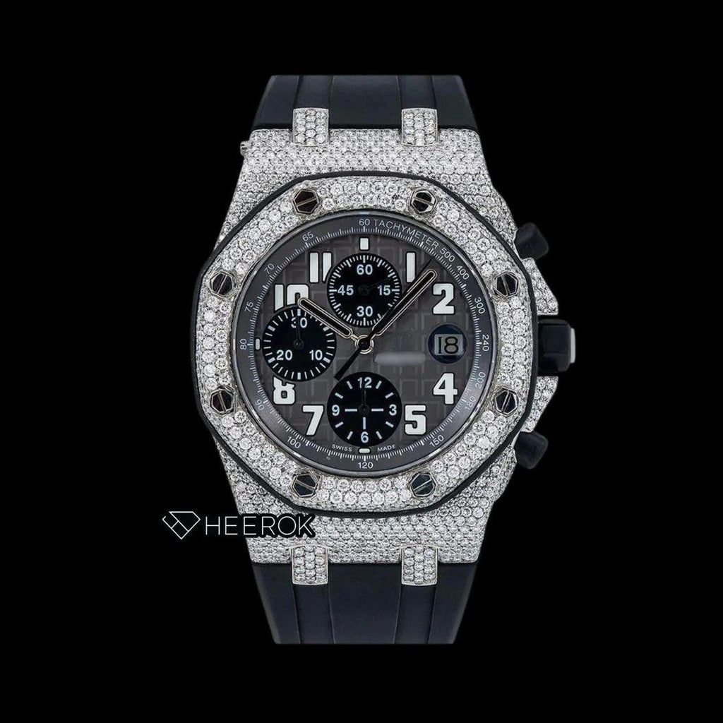 AP Royal Oak Offshore Standard Numerals Chronograph Black Dial Diamond Bezel Black Rubber Strap Semi Iced Out Moissanite Watch