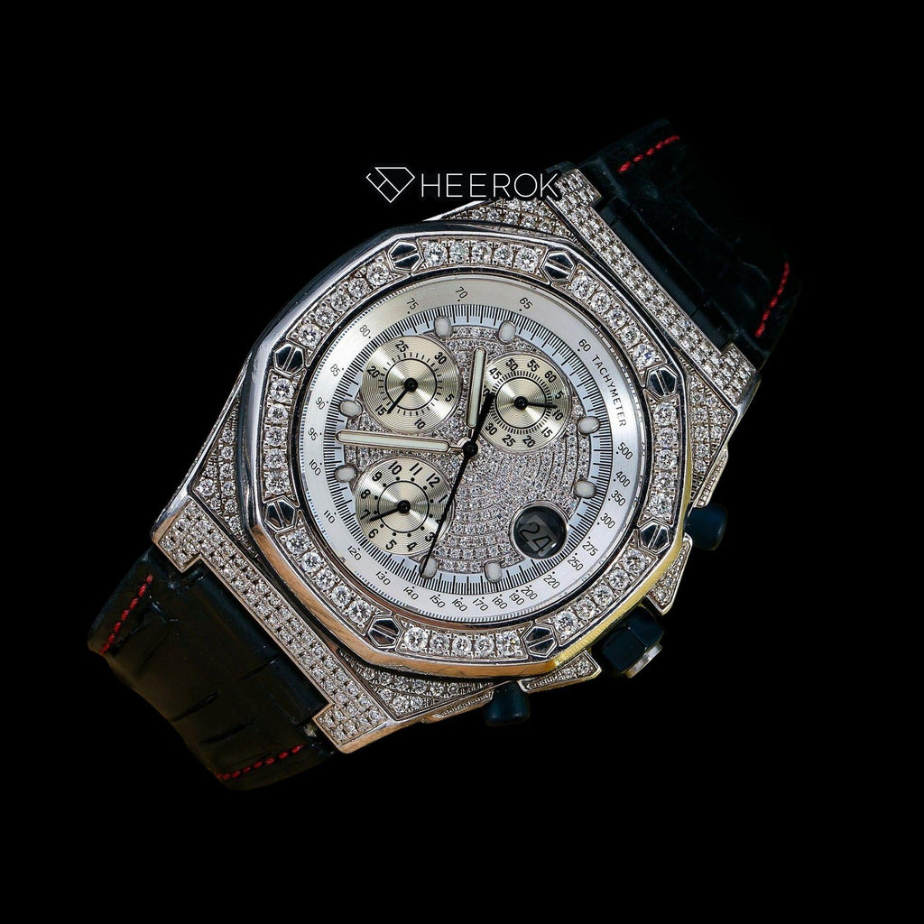 AP Royal Oak Offshore White Dial Diamond Markers Diamond Bezel Leather Strap Semi Iced Moissanite Diamond Watch