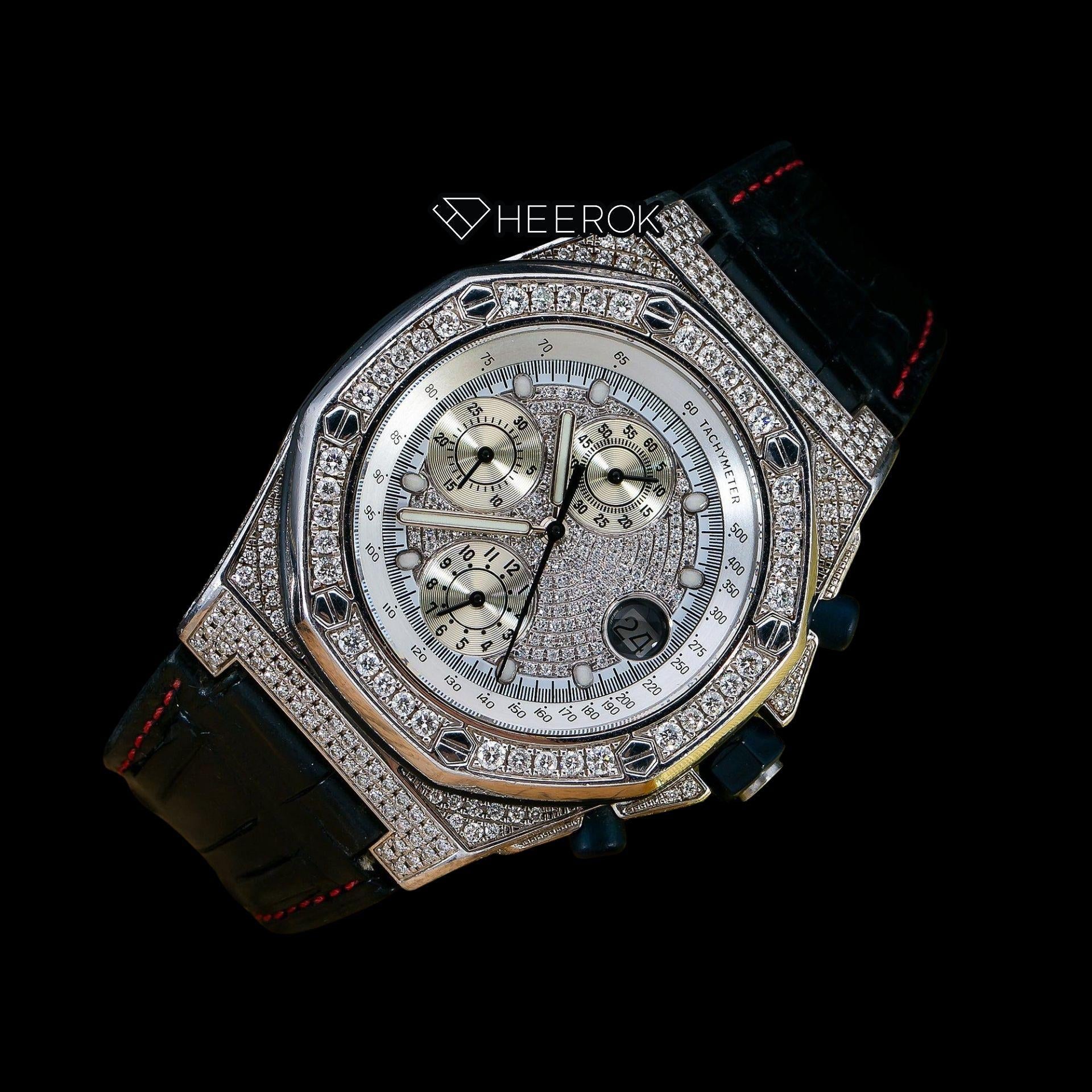 AP Royal Oak Offshore White Dial Diamond Markers Diamond Bezel Leather Strap Semi Iced Moissanite Diamond Watch