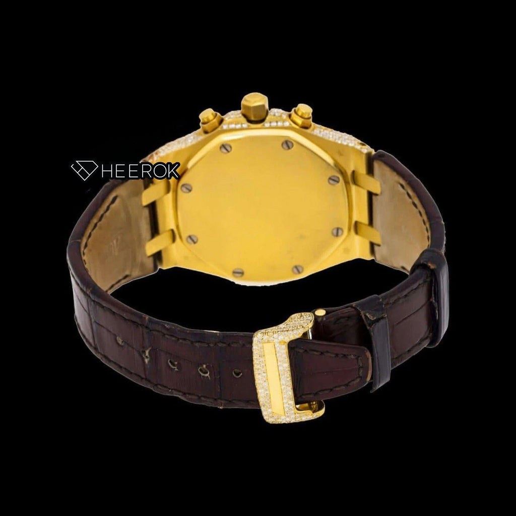 AP Royal Oak Offshore Yellow Dial Square Shape Markers Diamond Bezel Yellow Gold Moissanite Diamond Brown  Leather Strap