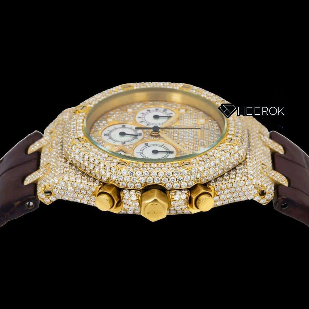AP Royal Oak Offshore Yellow Dial Square Shape Markers Diamond Bezel Yellow Gold Moissanite Diamond Brown  Leather Strap