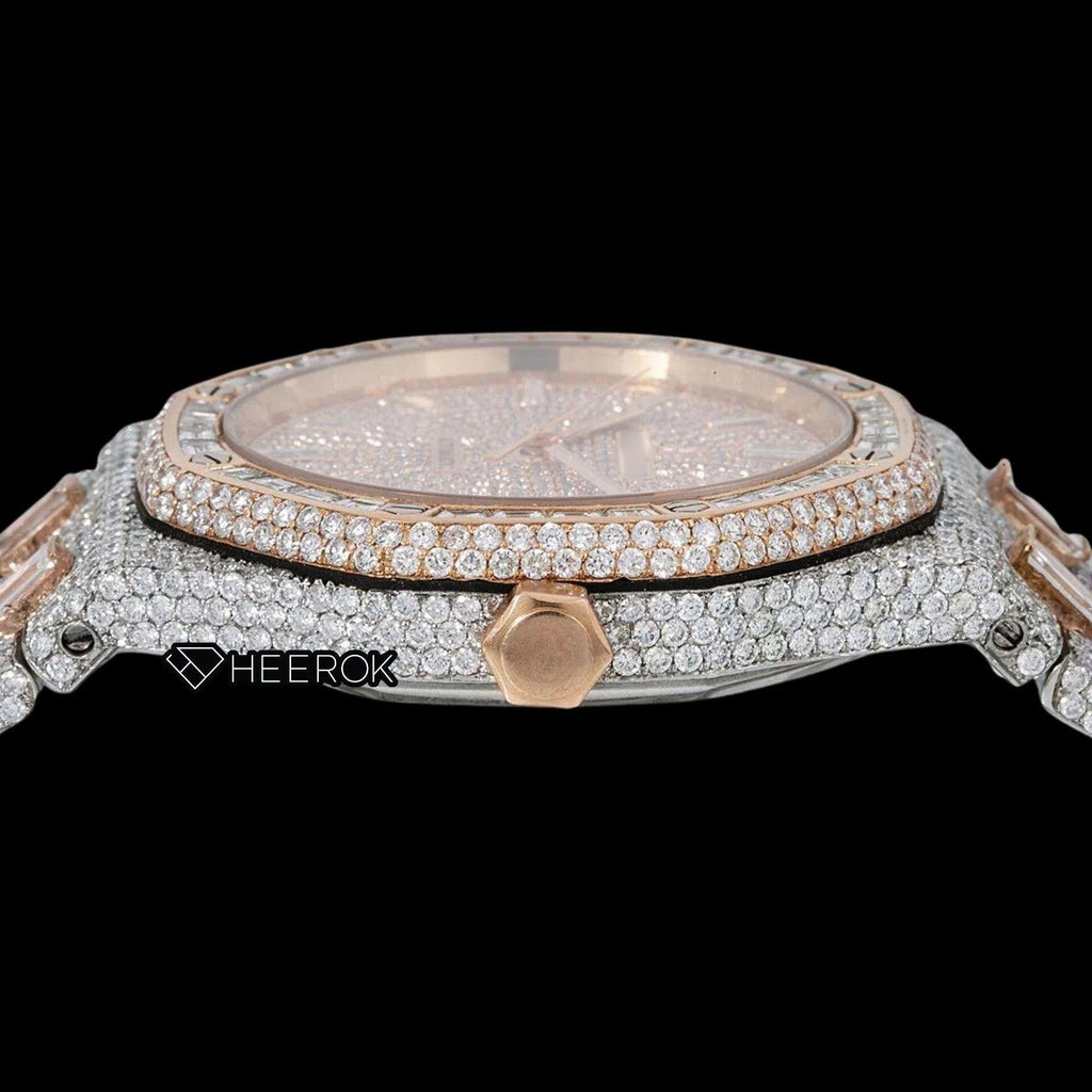 AP Royal Oak Pave Diamond Dial Baguette Diamond Markers Rose Gold Baguette Diamond Bezel Two Tone Fully Iced Out Moissanite Watch