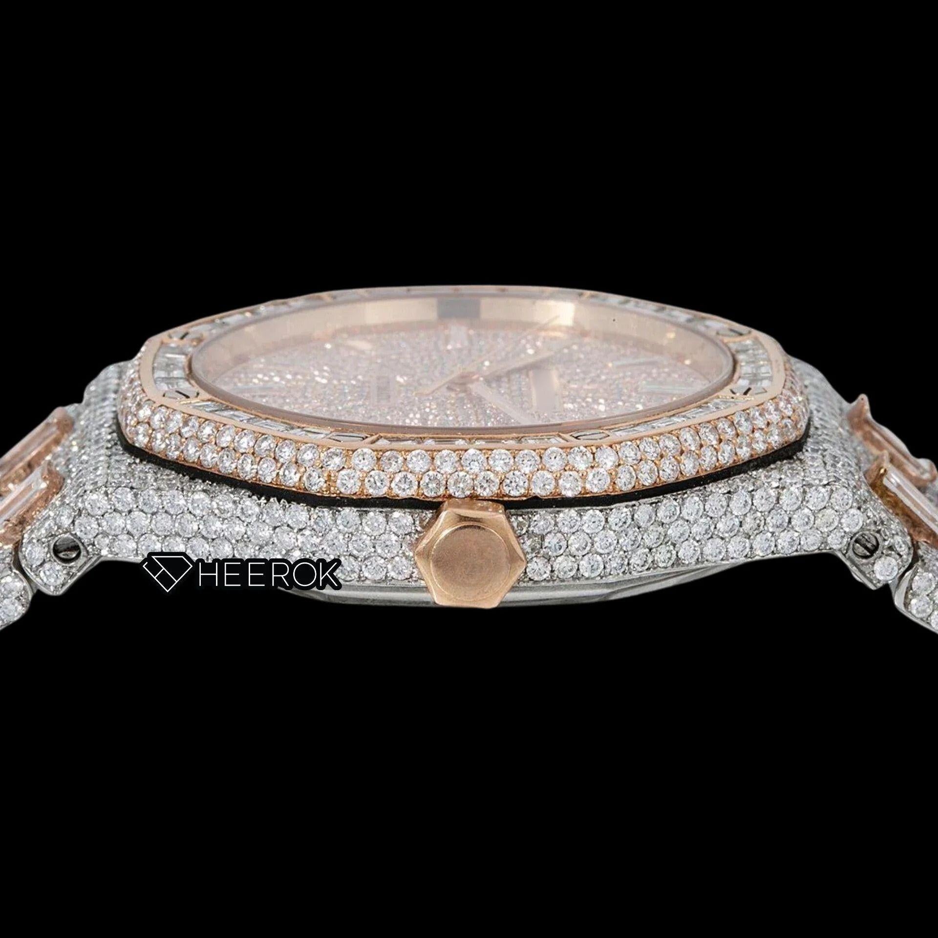 AP Royal Oak Pave Diamond Dial Baguette Diamond Markers Rose Gold Baguette Diamond Bezel Two Tone Fully Iced Out Moissanite Watch