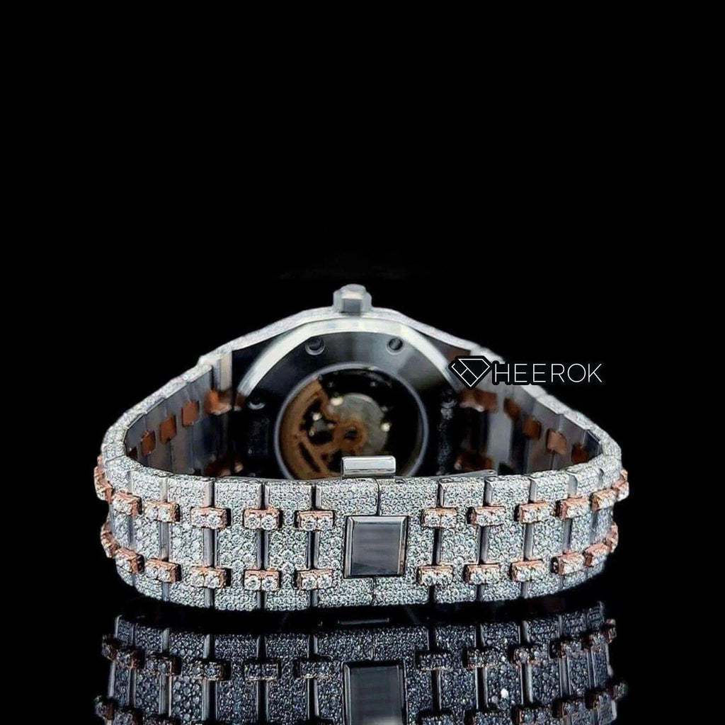 AP Royal Oak Rose Gold Dial Black Stick Markers Diamond Bezel Two Tone Rose Gold Moissanite Diamond Bracelet