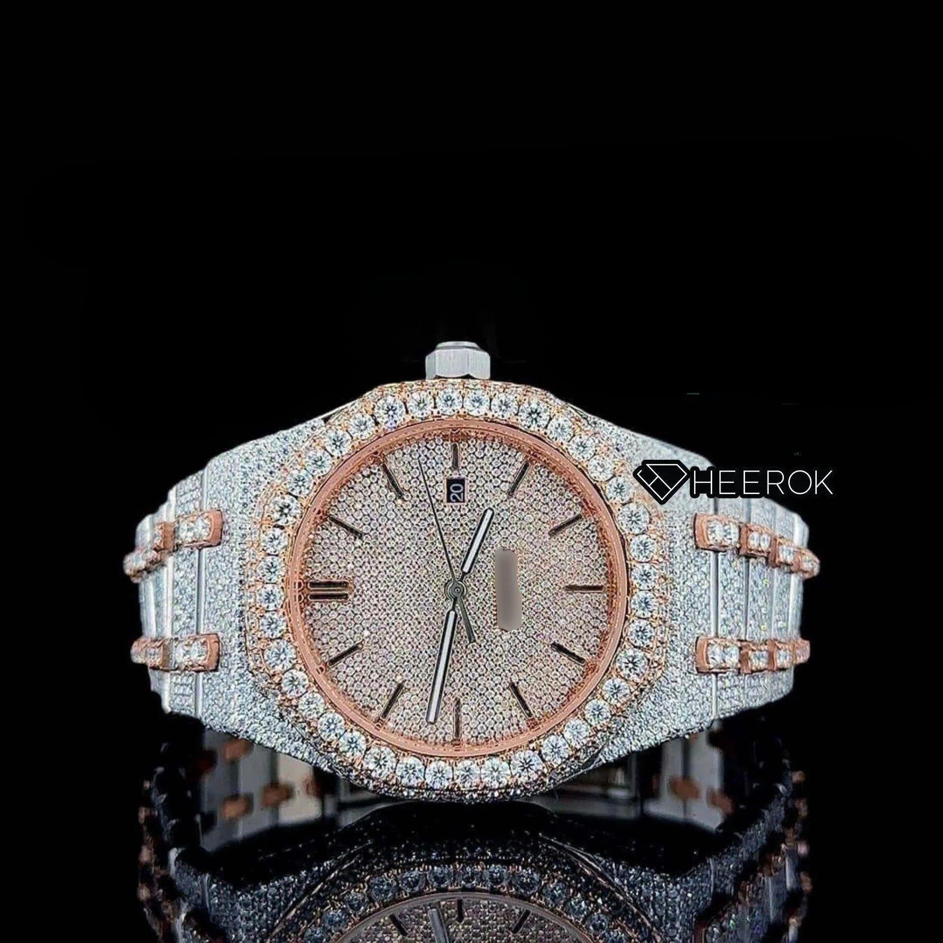 AP Royal Oak Rose Gold Dial Black Stick Markers Diamond Bezel Two Tone Rose Gold Moissanite Diamond Bracelet