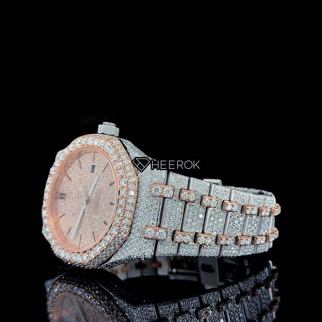 AP Royal Oak Rose Gold Dial Black Stick Markers Diamond Bezel Two Tone Rose Gold Moissanite Diamond Bracelet