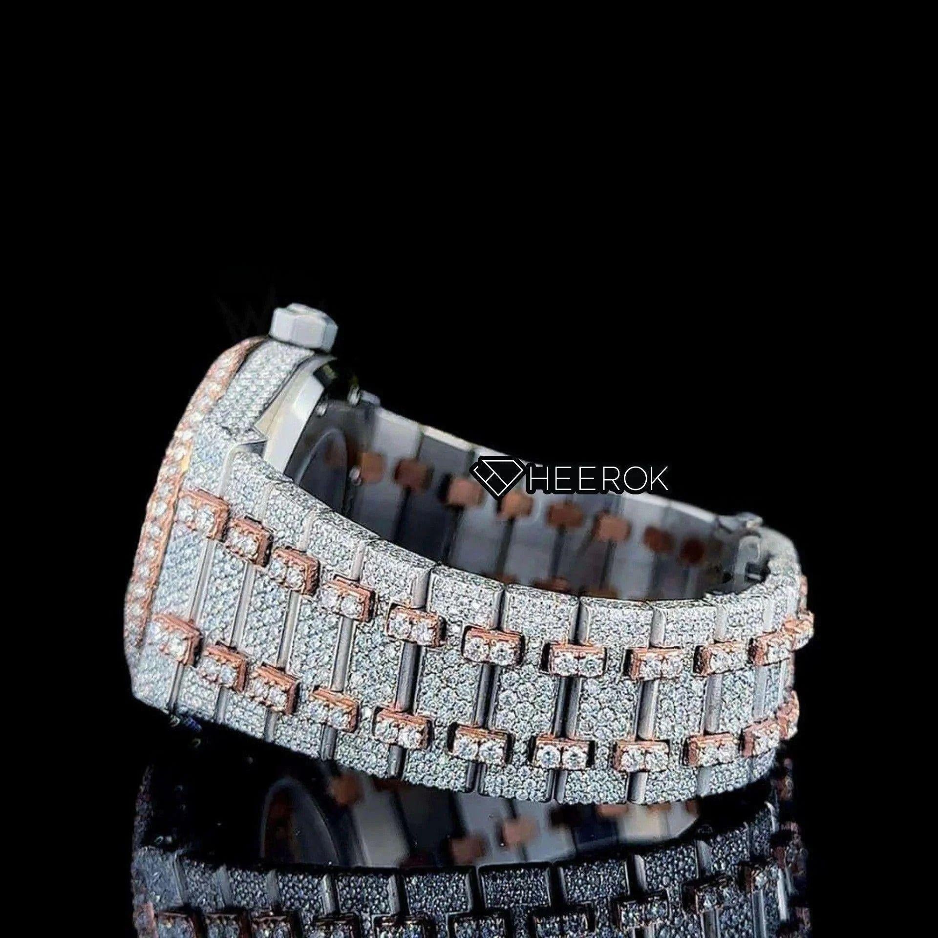 AP Royal Oak Rose Gold Dial Black Stick Markers Diamond Bezel Two Tone Rose Gold Moissanite Diamond Bracelet