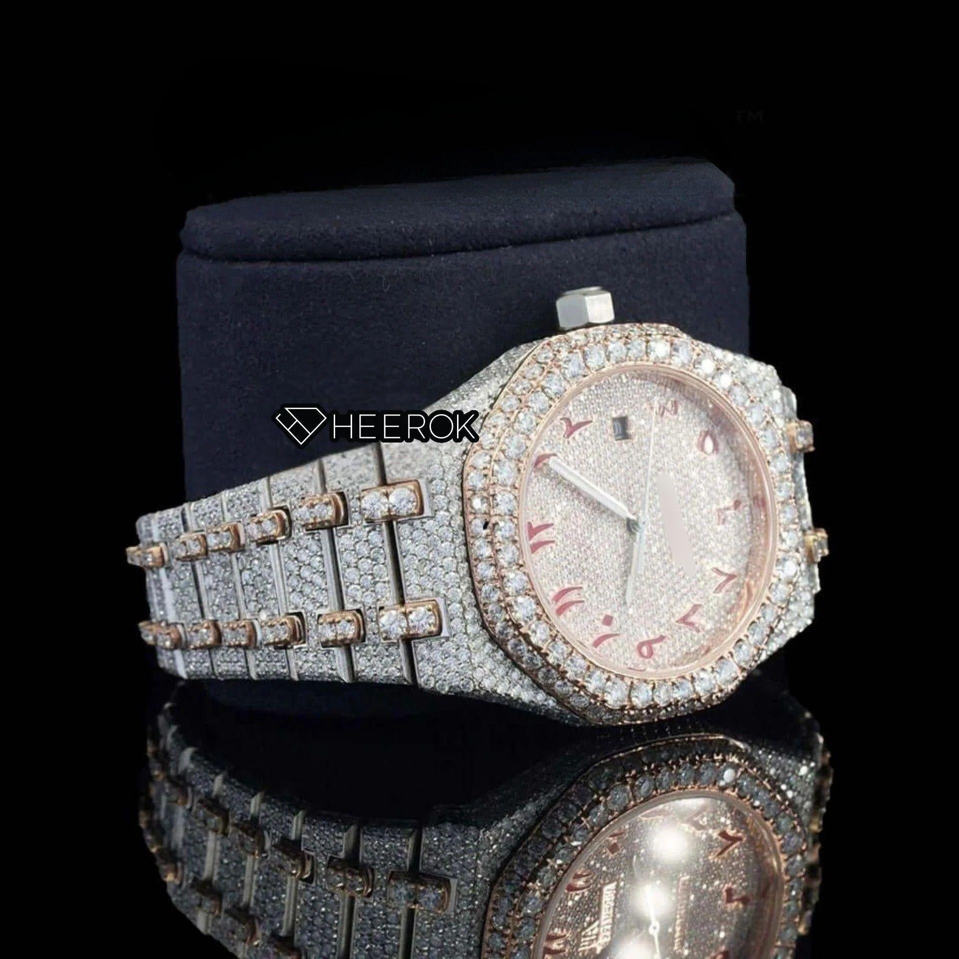 AP Royal Oak Rose Gold Dial Red Arabic Numerals Diamond Bezel Two Tone Rose Gold Moissanite Diamond Bracelet
