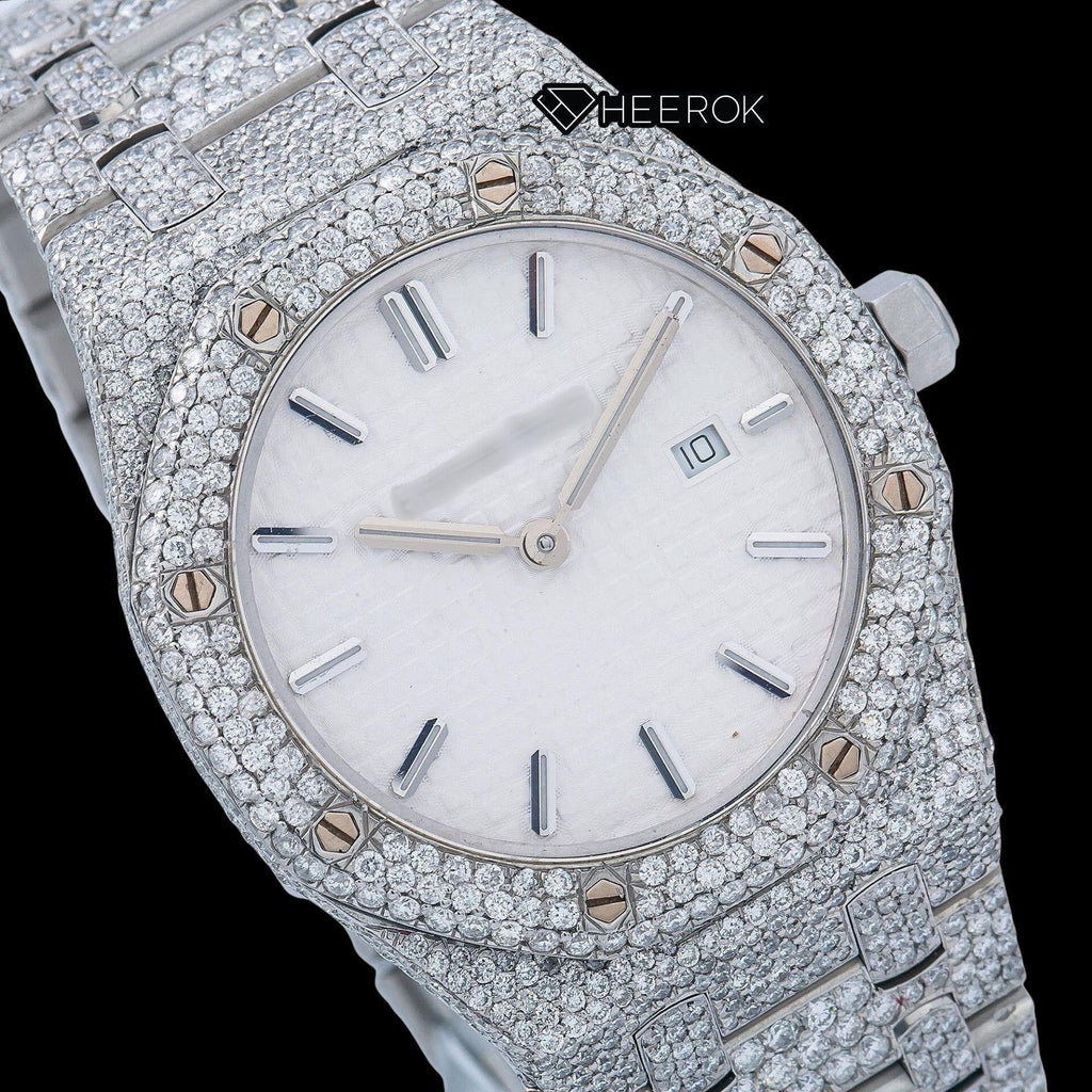 AP Royal Oak White Dial Stick Markers Diamond Bezel Bust Down Moissanite Diamond Watch For Women