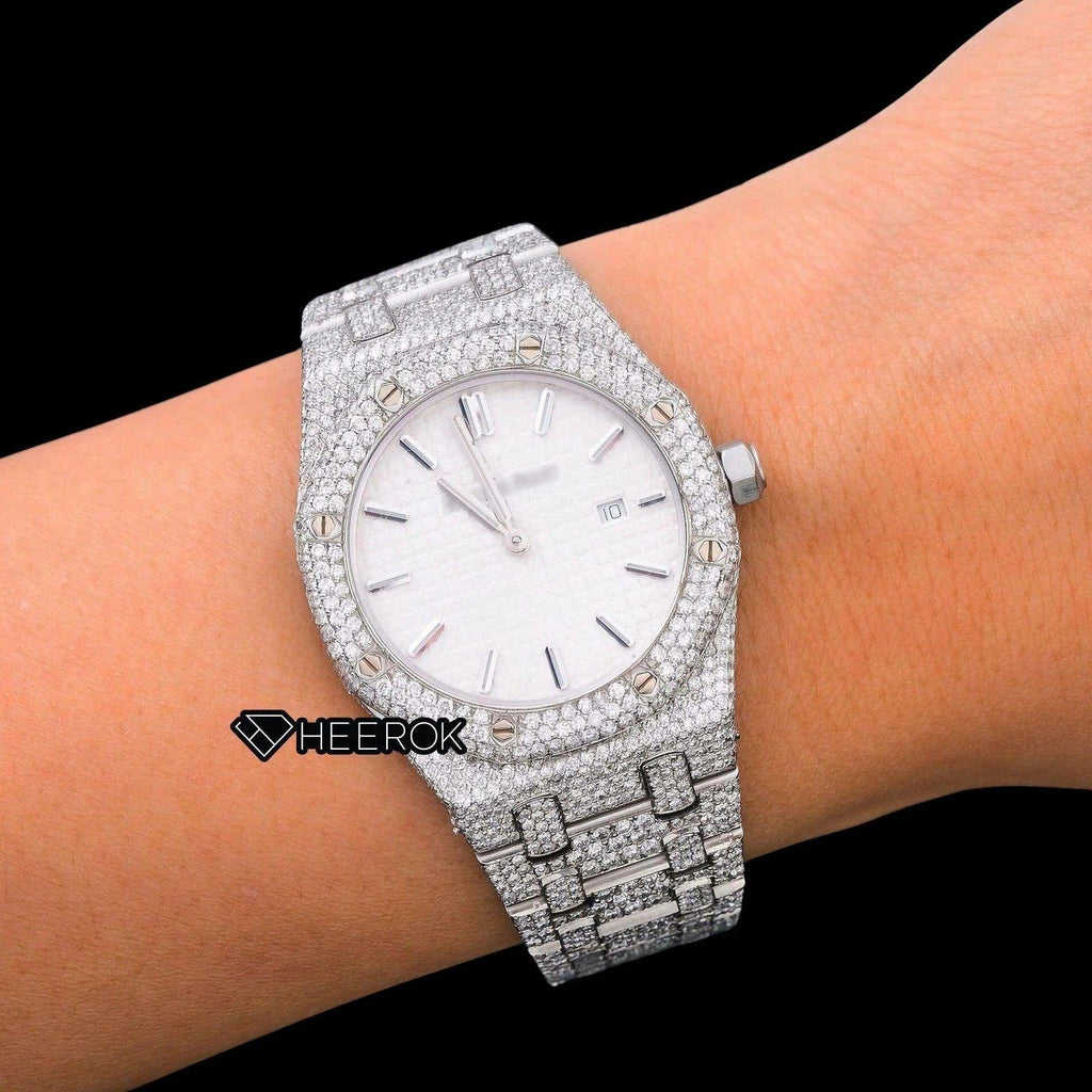 AP Royal Oak White Dial Stick Markers Diamond Bezel Bust Down Moissanite Diamond Watch For Women