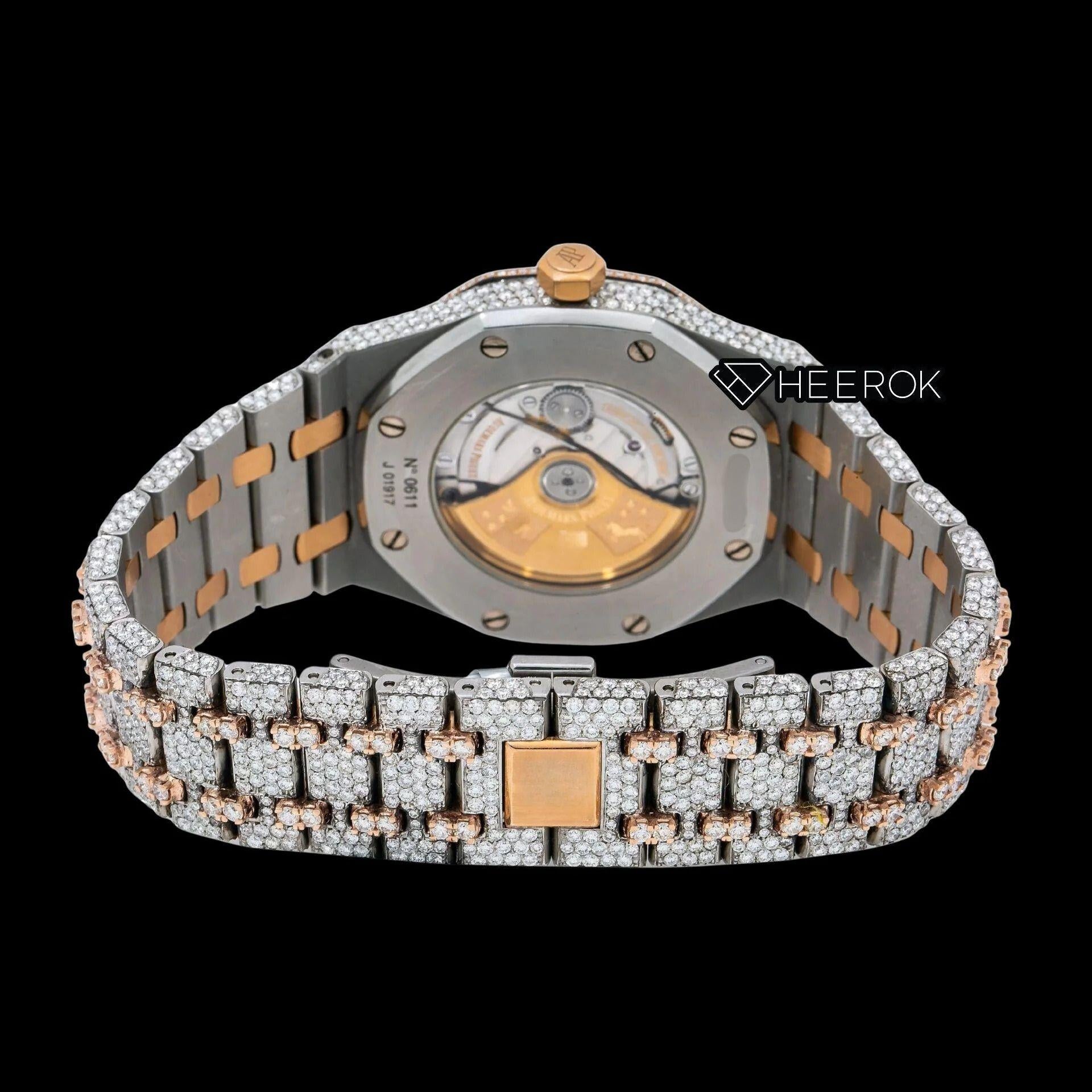 AP Royal Oak White Dial Stick Markers Diamond Bezel Two Tone Rose Gold Fully Iced Out Moissanite Watch
