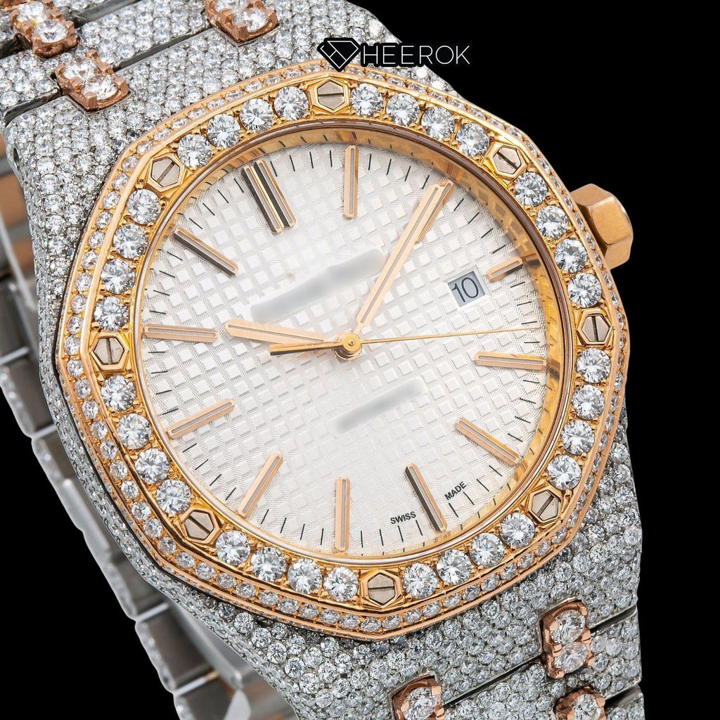 AP Royal Oak White Dial Stick Markers Diamond Bezel Two Tone Rose Gold Fully Iced Out Moissanite Watch