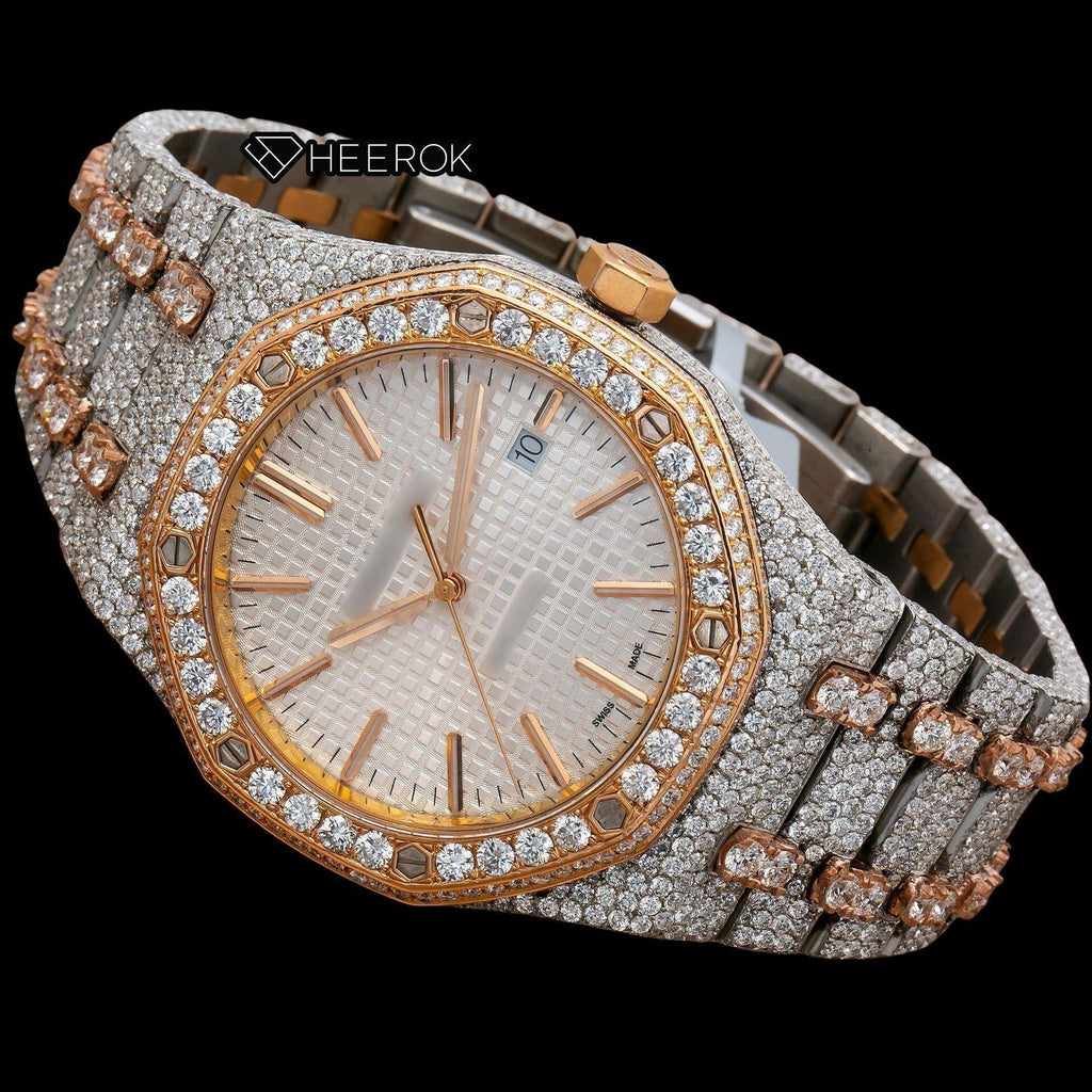 AP Royal Oak White Dial Stick Markers Diamond Bezel Two Tone Rose Gold Fully Iced Out Moissanite Watch