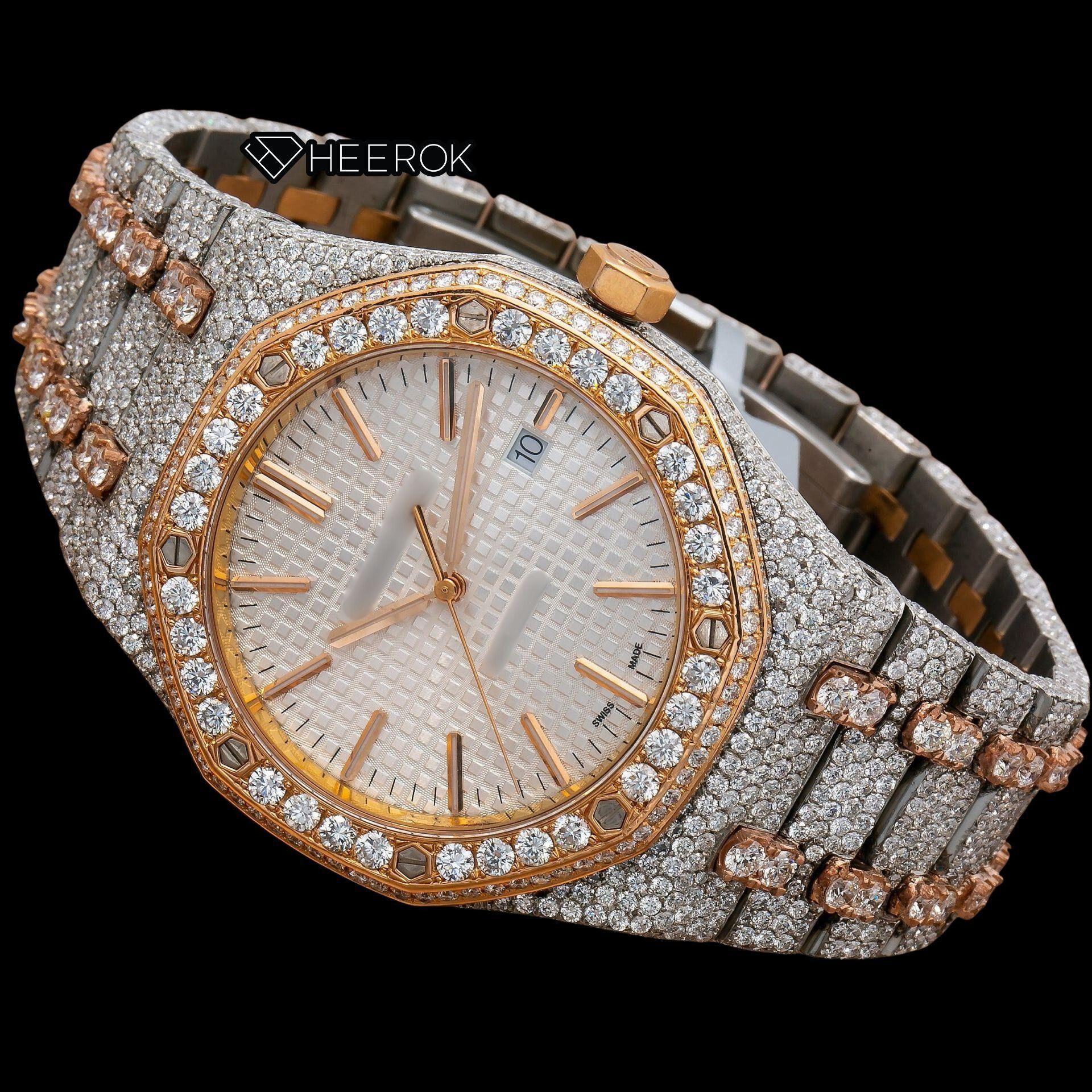 AP Royal Oak White Dial Stick Markers Diamond Bezel Two Tone Rose Gold Fully Iced Out Moissanite Watch