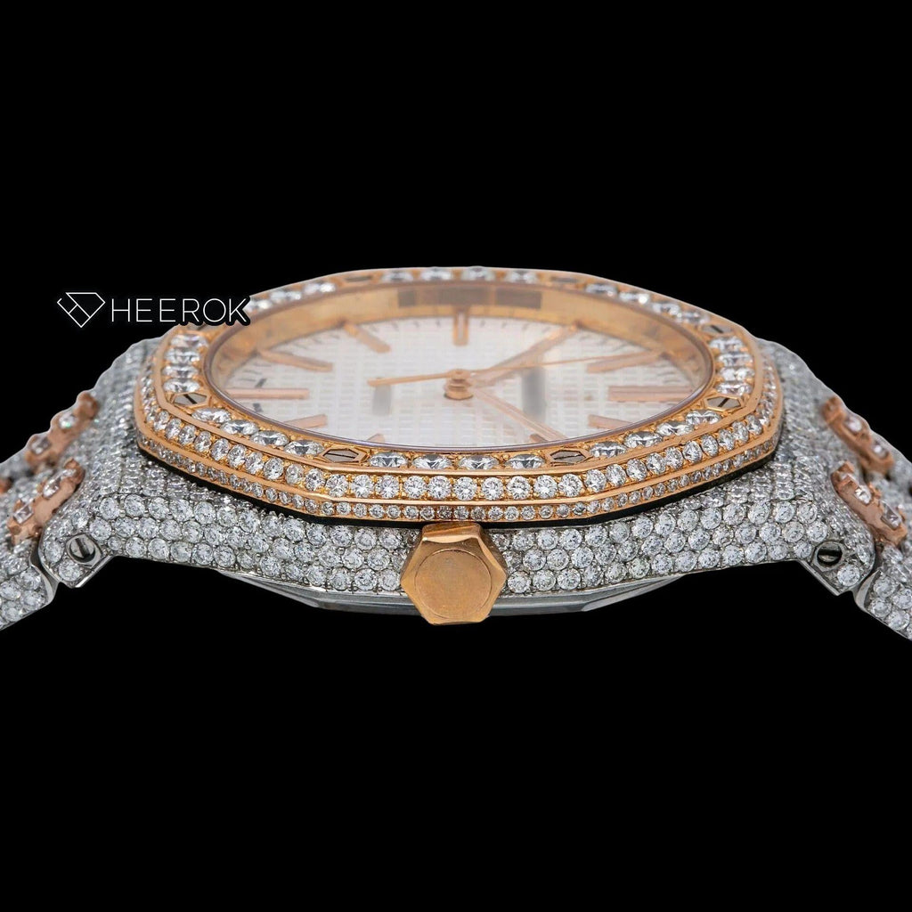 AP Royal Oak White Dial Stick Markers Diamond Bezel Two Tone Rose Gold Fully Iced Out Moissanite Watch