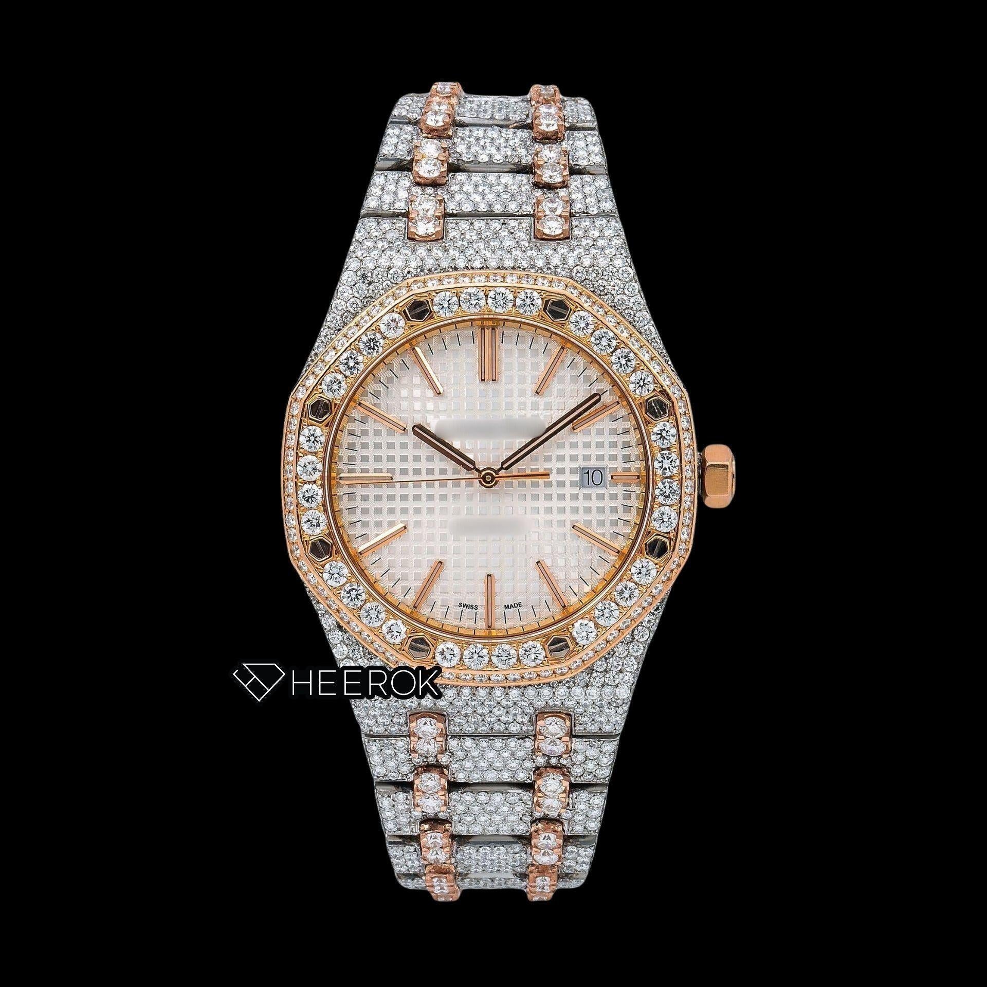 AP Royal Oak White Dial Stick Markers Diamond Bezel Two Tone Rose Gold Fully Iced Out Moissanite Watch