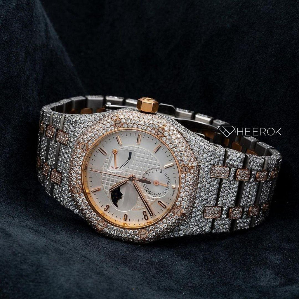 AP Royal Oak White Moonphase Dial Stick Markers Diamond Bezel Rose Gold Two Tone Fully Iced Out Moissanite Diamond Watch