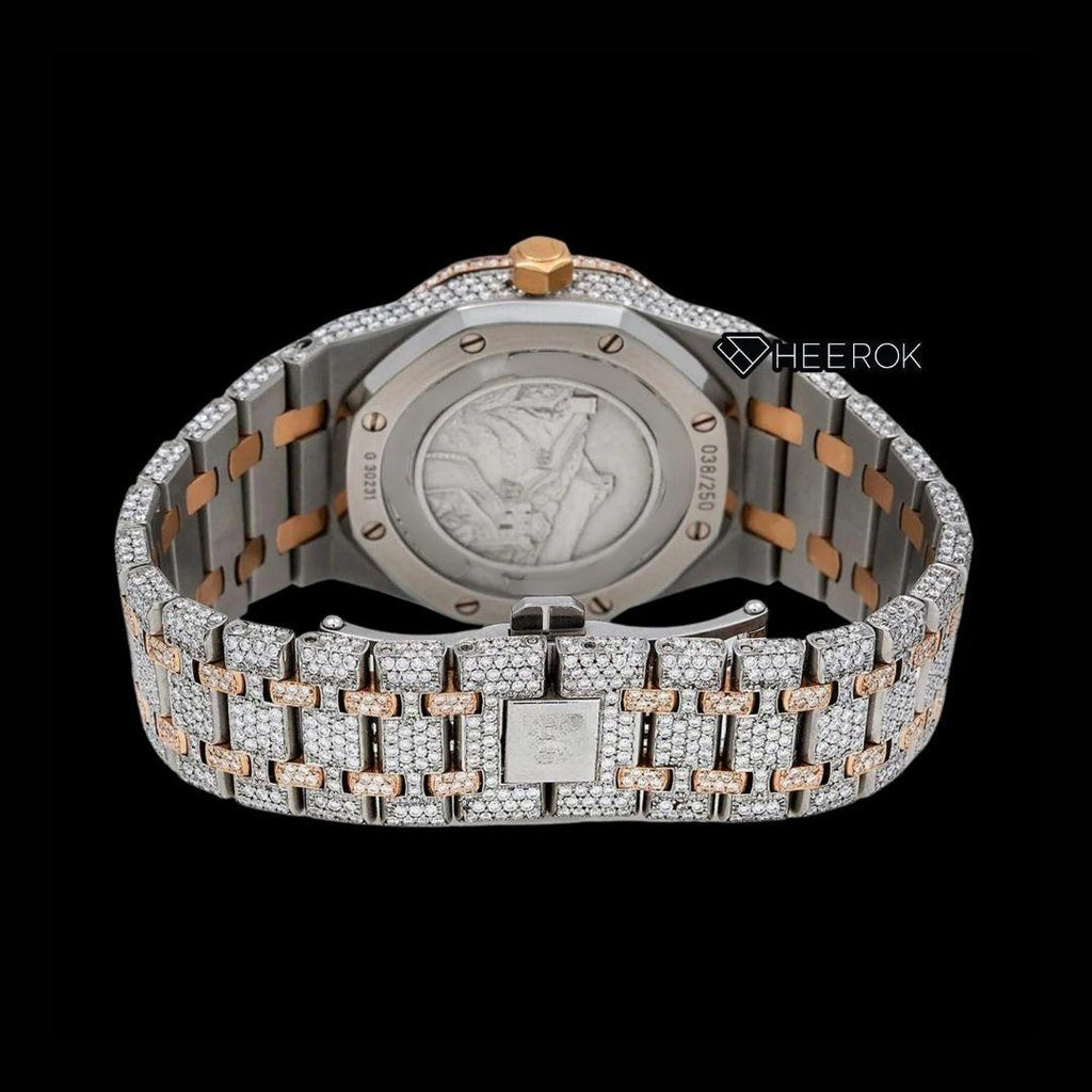 AP Royal Oak White Moonphase Dial Stick Markers Diamond Bezel Rose Gold Two Tone Fully Iced Out Moissanite Diamond Watch