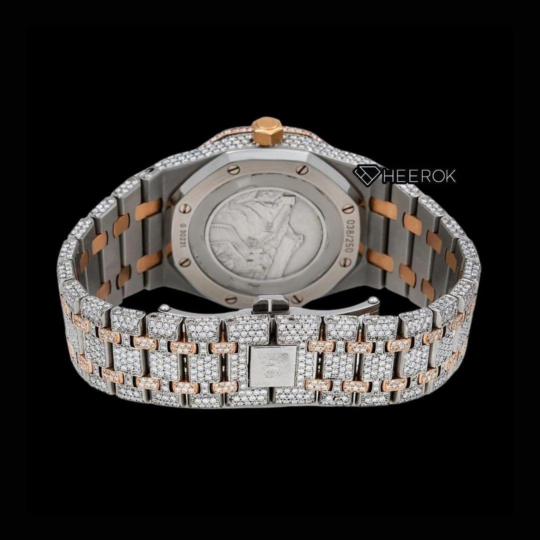 AP Royal Oak White Moonphase Dial Stick Markers Diamond Bezel Rose Gold Two Tone Fully Iced Out Moissanite Diamond Watch