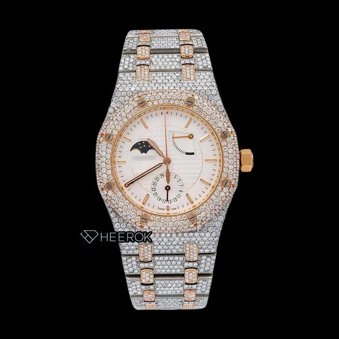AP Royal Oak White Moonphase Dial Stick Markers Diamond Bezel Rose Gold Two Tone Fully Iced Out Moissanite Diamond Watch