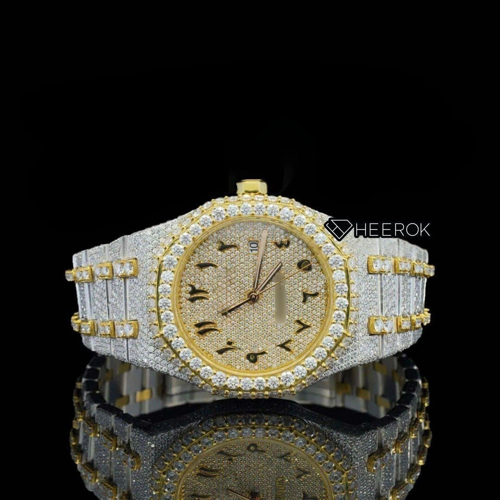 AP Royal Oak Yellow Dial Arabic Numerals Diamond Bezel Two Tone Yellow Gold Moissanite Diamond Bracelet