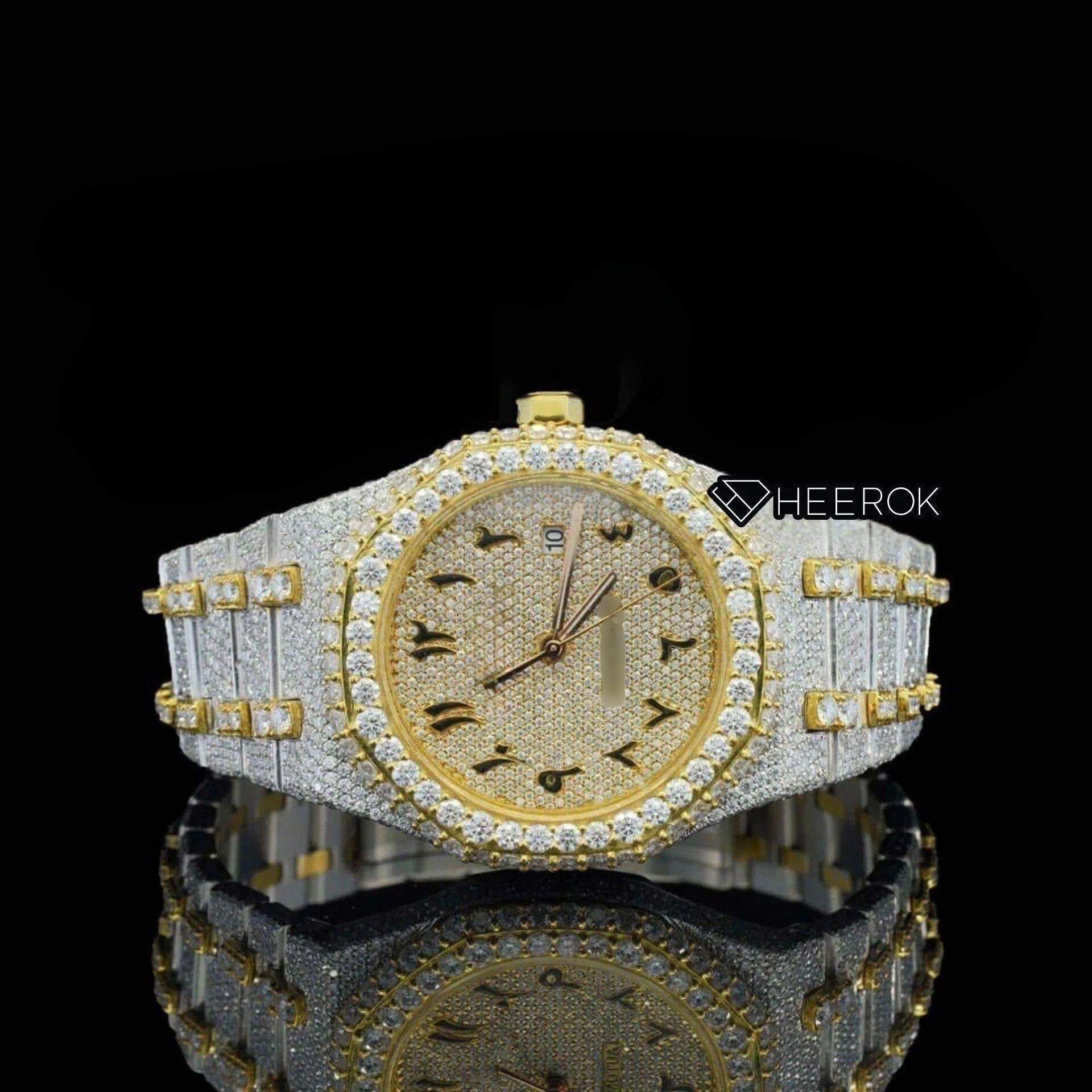 AP Royal Oak Yellow Dial Arabic Numerals Diamond Bezel Two Tone Yellow Gold Moissanite Diamond Bracelet