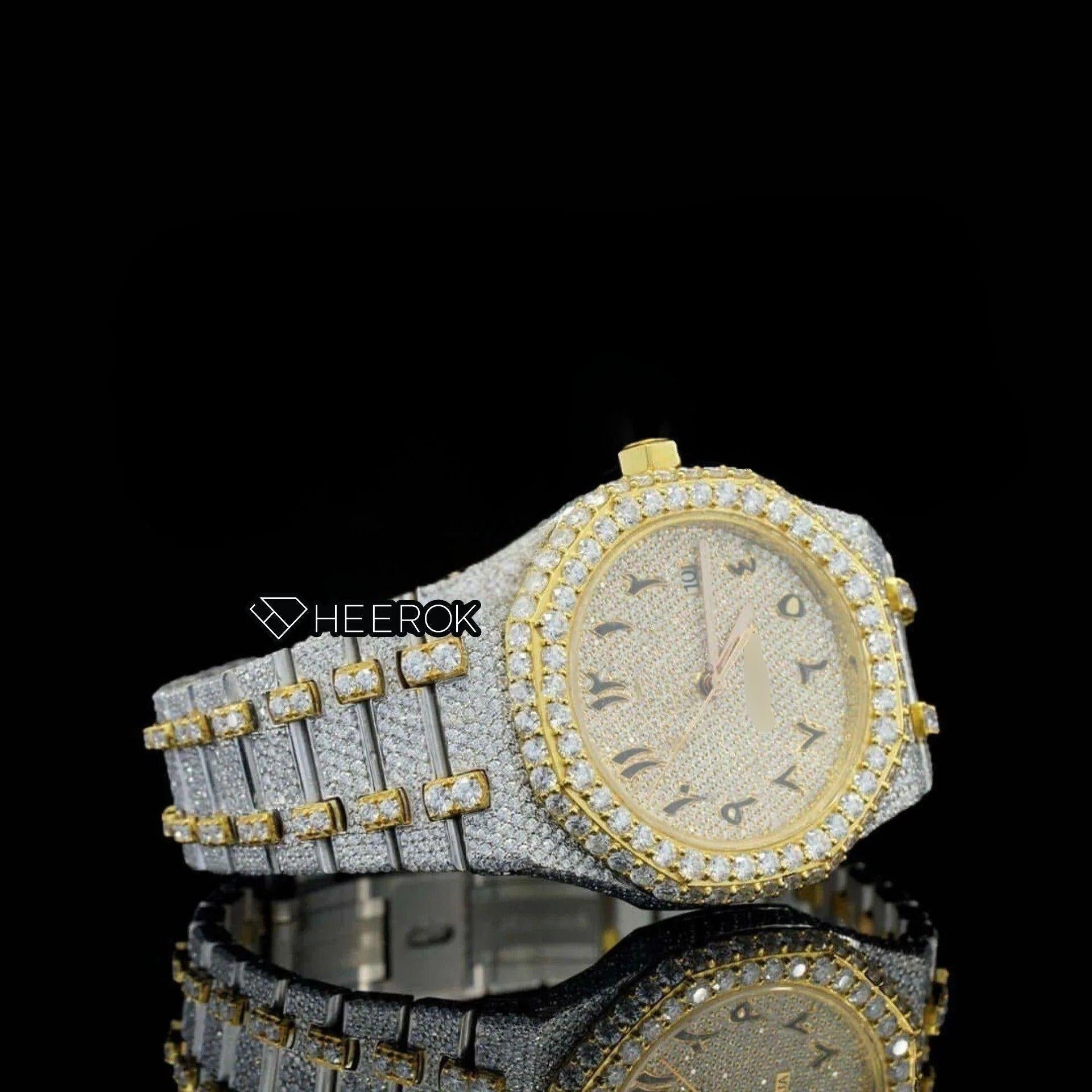 AP Royal Oak Yellow Dial Arabic Numerals Diamond Bezel Two Tone Yellow Gold Moissanite Diamond Bracelet