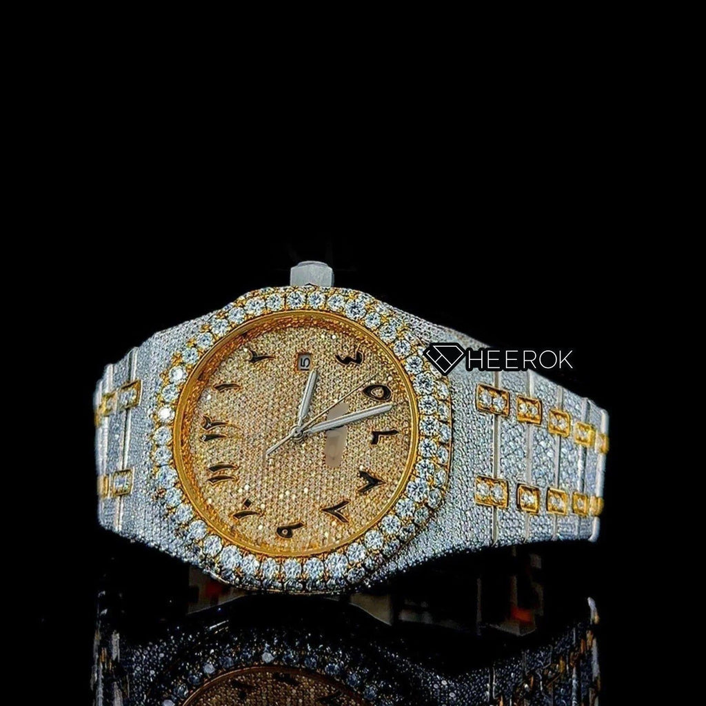 AP Royal Oak Yellow Dial Black Arabic Numerals Diamond Bezel Two Tone Yellow Gold Moissanite Diamond For Women