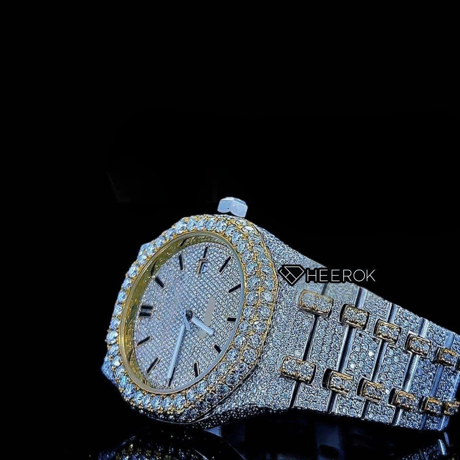 AP Royal Oak Yellow Dial Black Stick Markers Diamond Bezel Two Tone Yellow Gold Moissanite Diamond