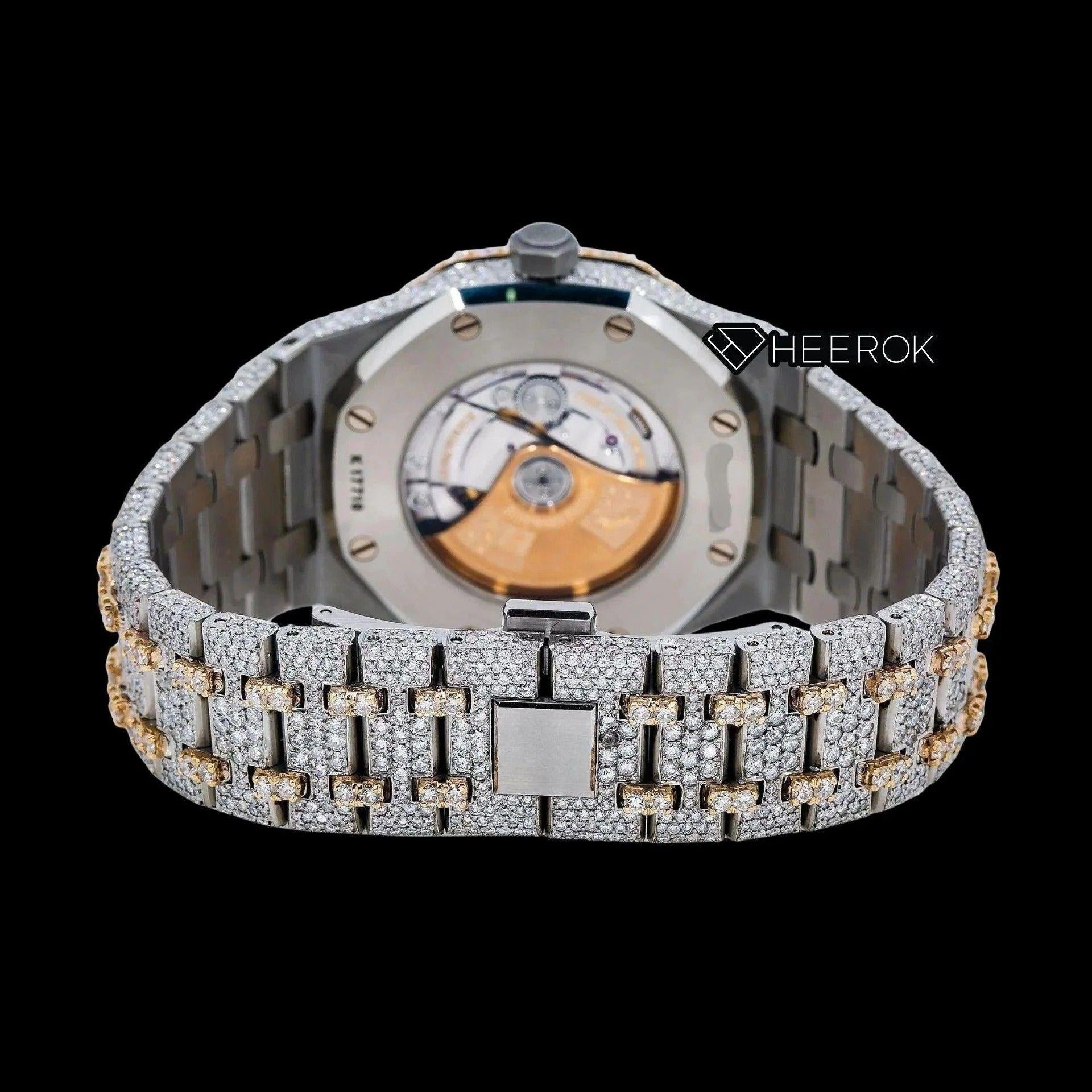 AP Royal Oak Yellow Gold Dial Multicolor Arabic Numerals Large Round Diamond Bezel Two Tone Yellow Gold Moissanite Diamond Watch