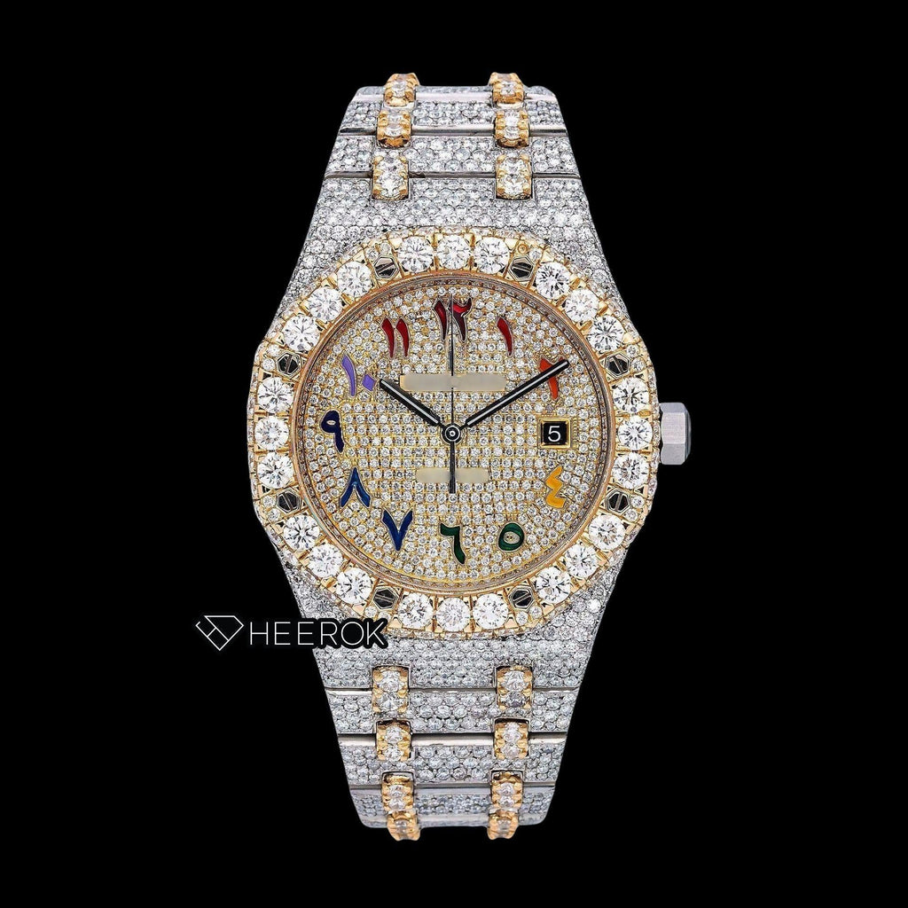 AP Royal Oak Yellow Gold Dial Multicolor Arabic Numerals Large Round Diamond Bezel Two Tone Yellow Gold Moissanite Diamond Watch