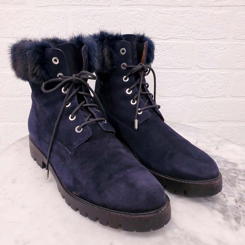 AQUAZZURA NAVY SUEDE BOOTS WITH FUR - SIZE 40.5